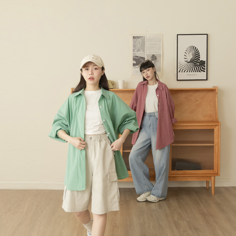 Striped wide shirt with front pocket design, sold in two colors【01025586】in stock+pre-order