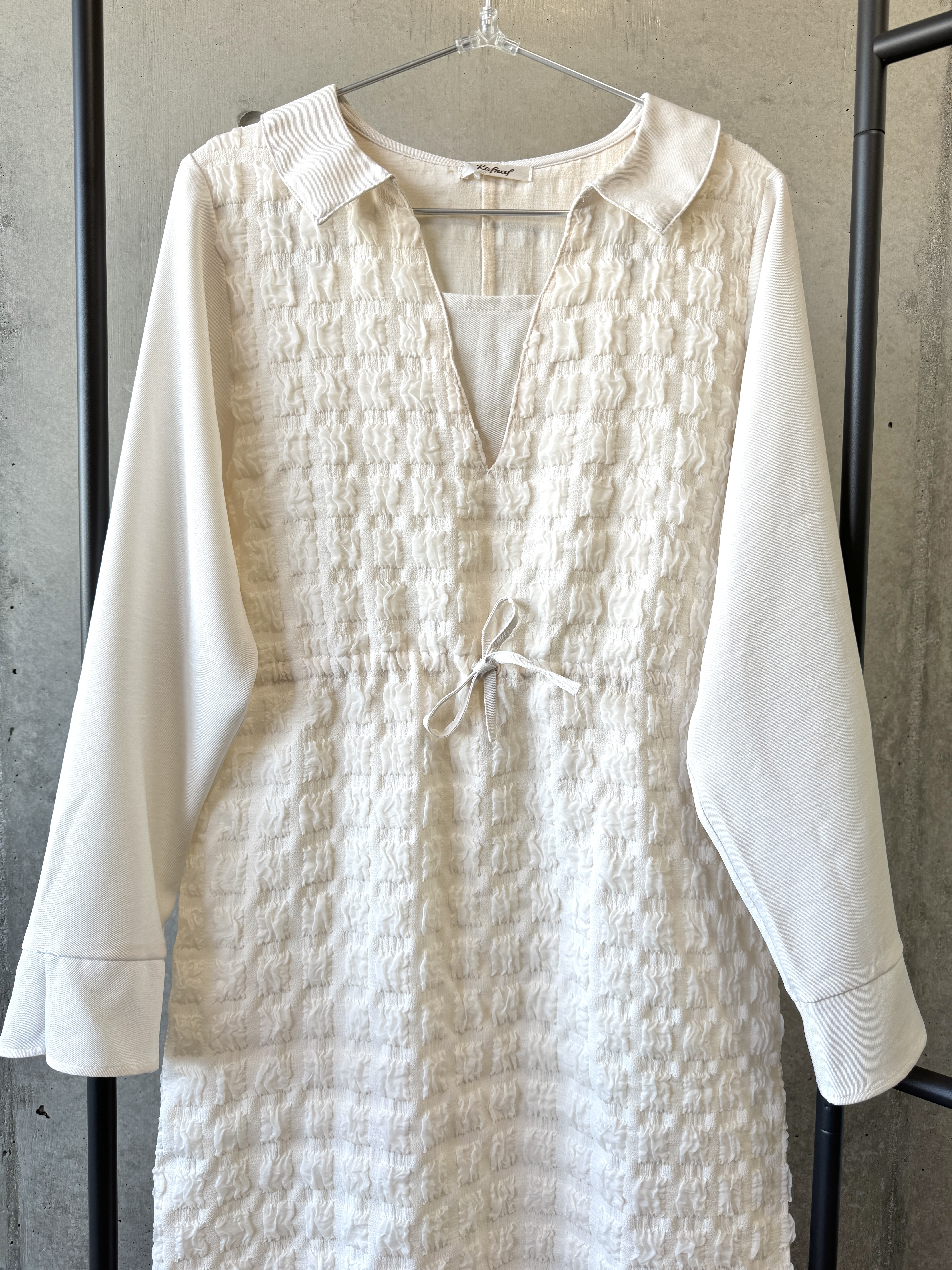 {Special Price} 米白色有領束腰3D格子連身裙【日本直送】