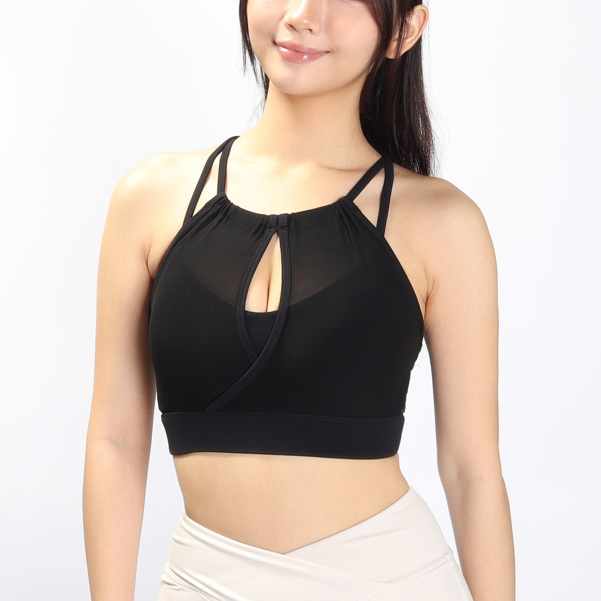 深V網紗幾何交叉美背瑜珈運動機能內衣【下厚上薄/半固定罩杯】*