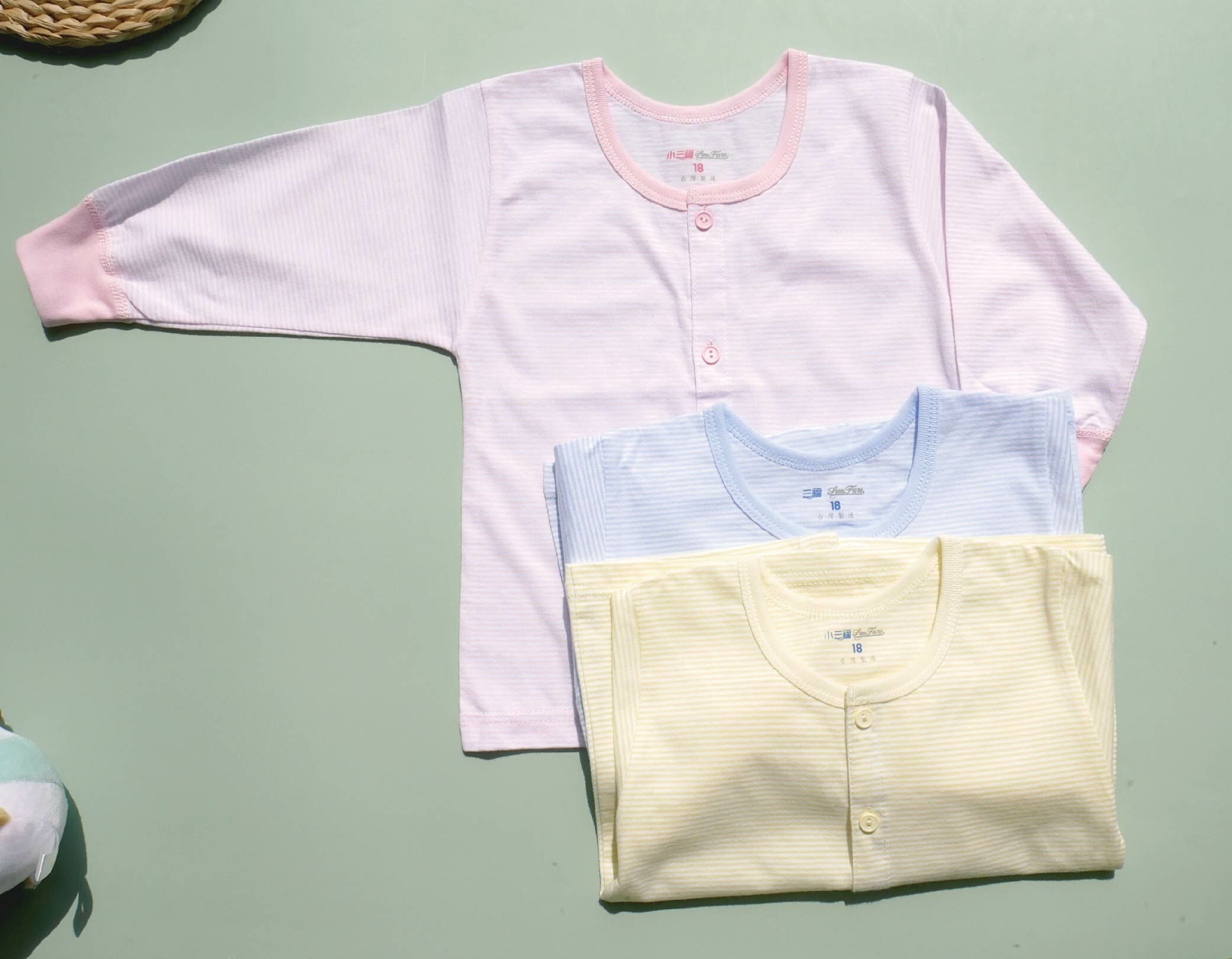 小三福 三福 100%棉幼兒單面條紋全開小長袖O領