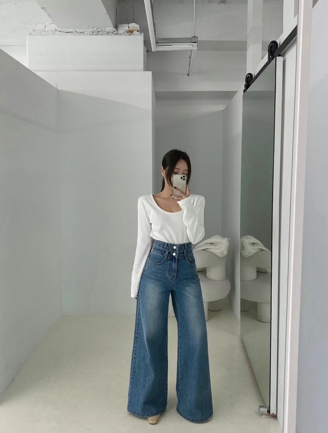 正韓高腰雙腰設計闊腿牛仔褲