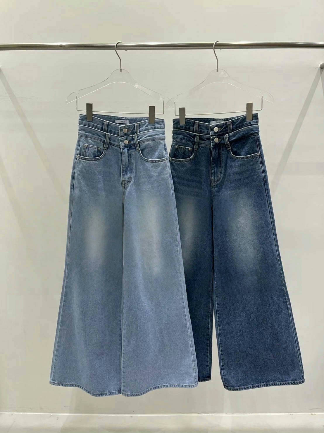 正韓高腰雙腰設計闊腿牛仔褲