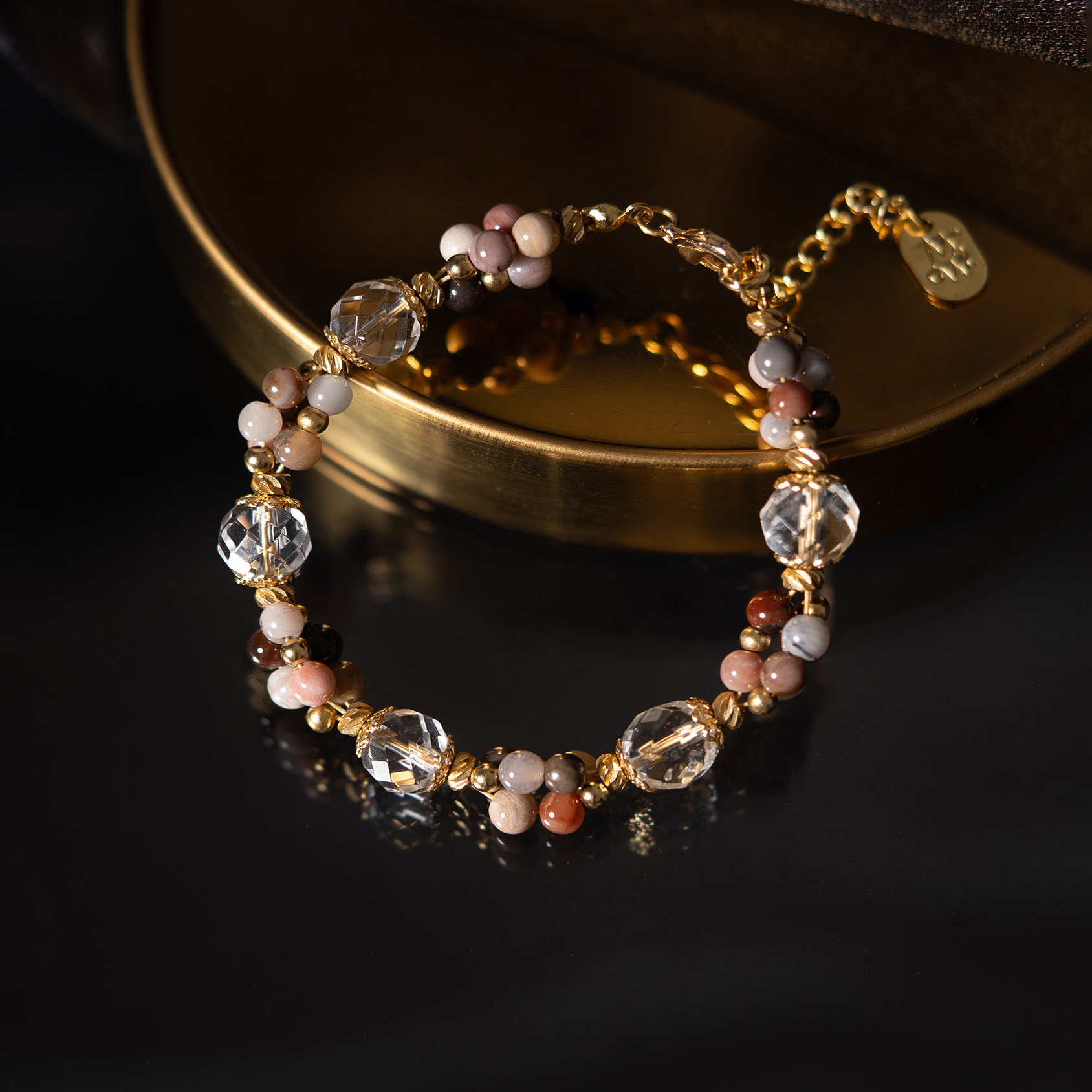 月光倫巴｜木化玉白水晶鏈條手鍊 B0019