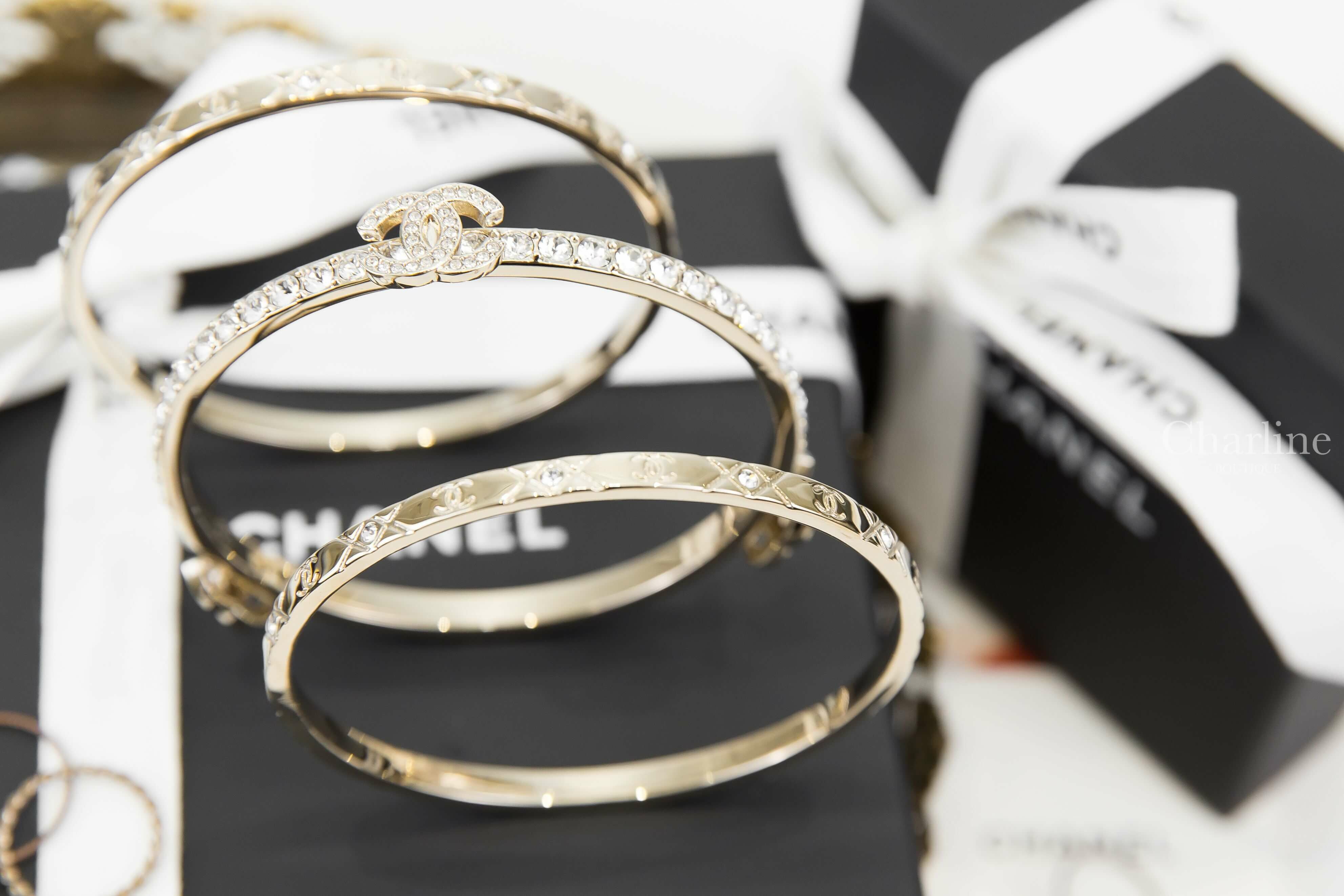 Chanel Cuff 金色CC水鑽菱格紋/水鑽CC手鐲三件組