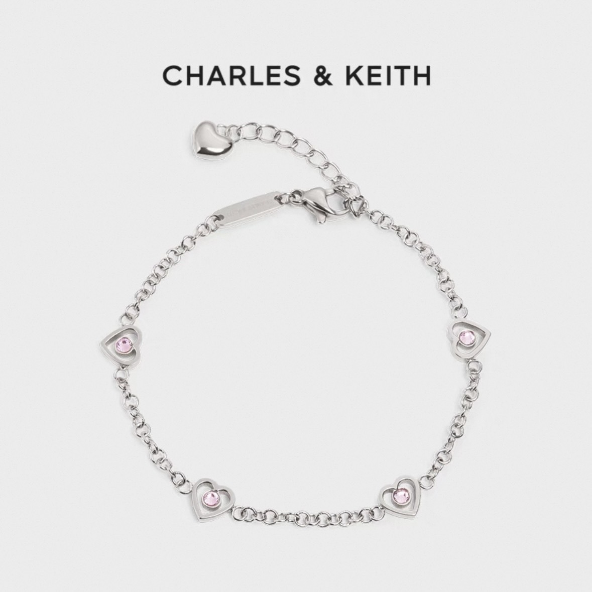 <熱銷斷貨款>Charles & Keith 小ck 手鍊 Malorie 水鑽 愛心 手鍊 銀色