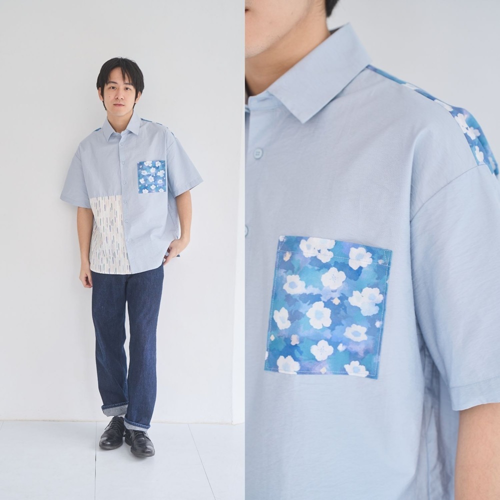 印花樂短袖拼接襯衫晨霧藍