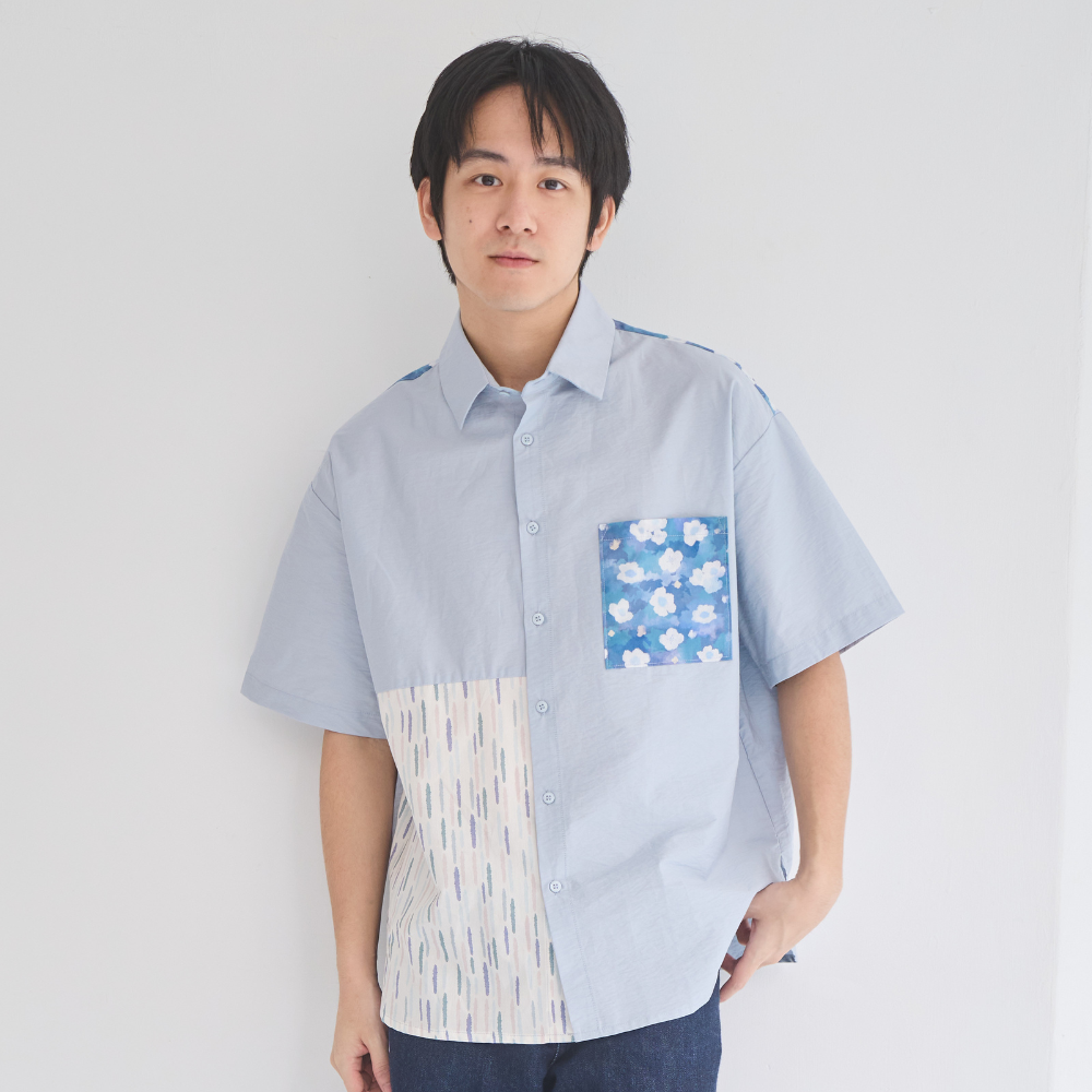 印花樂短袖拼接襯衫晨霧藍