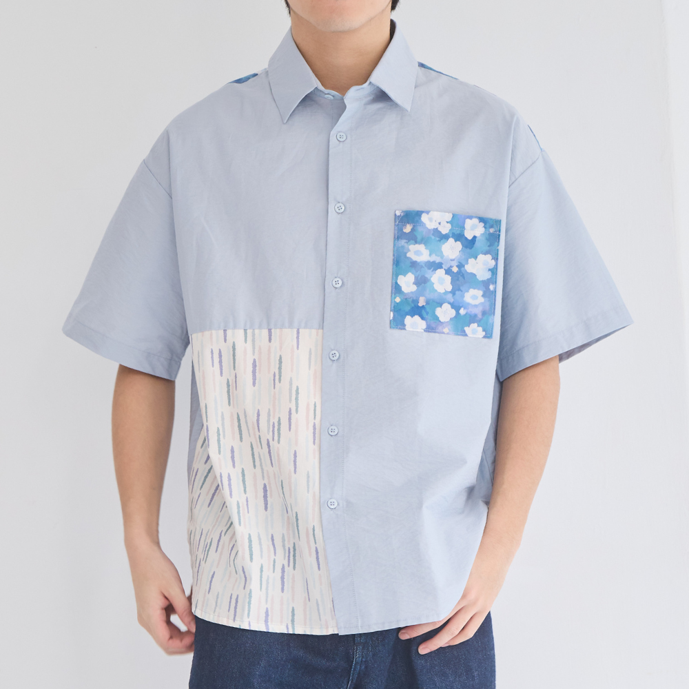 印花樂短袖拼接襯衫晨霧藍