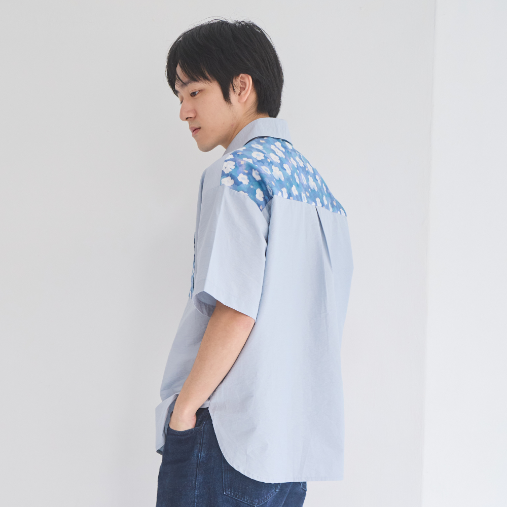 印花樂短袖拼接襯衫晨霧藍