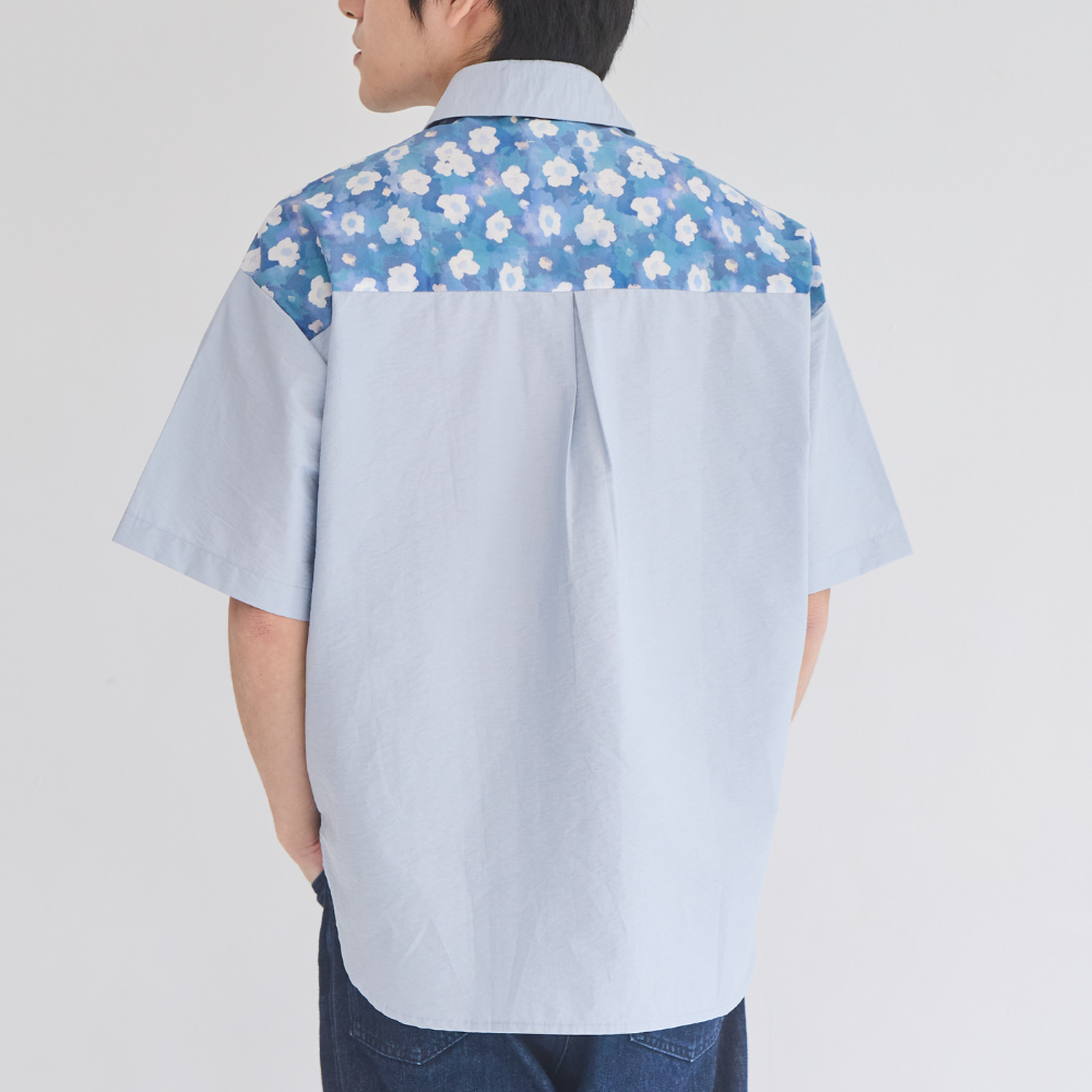 印花樂短袖拼接襯衫晨霧藍