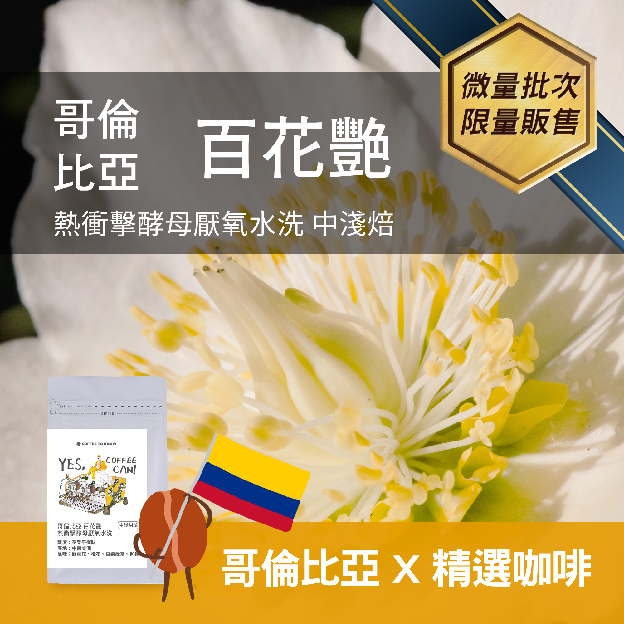 【哥倫比亞x精品咖啡】百花艷 熱衝擊酵母厭氧水洗 中淺焙