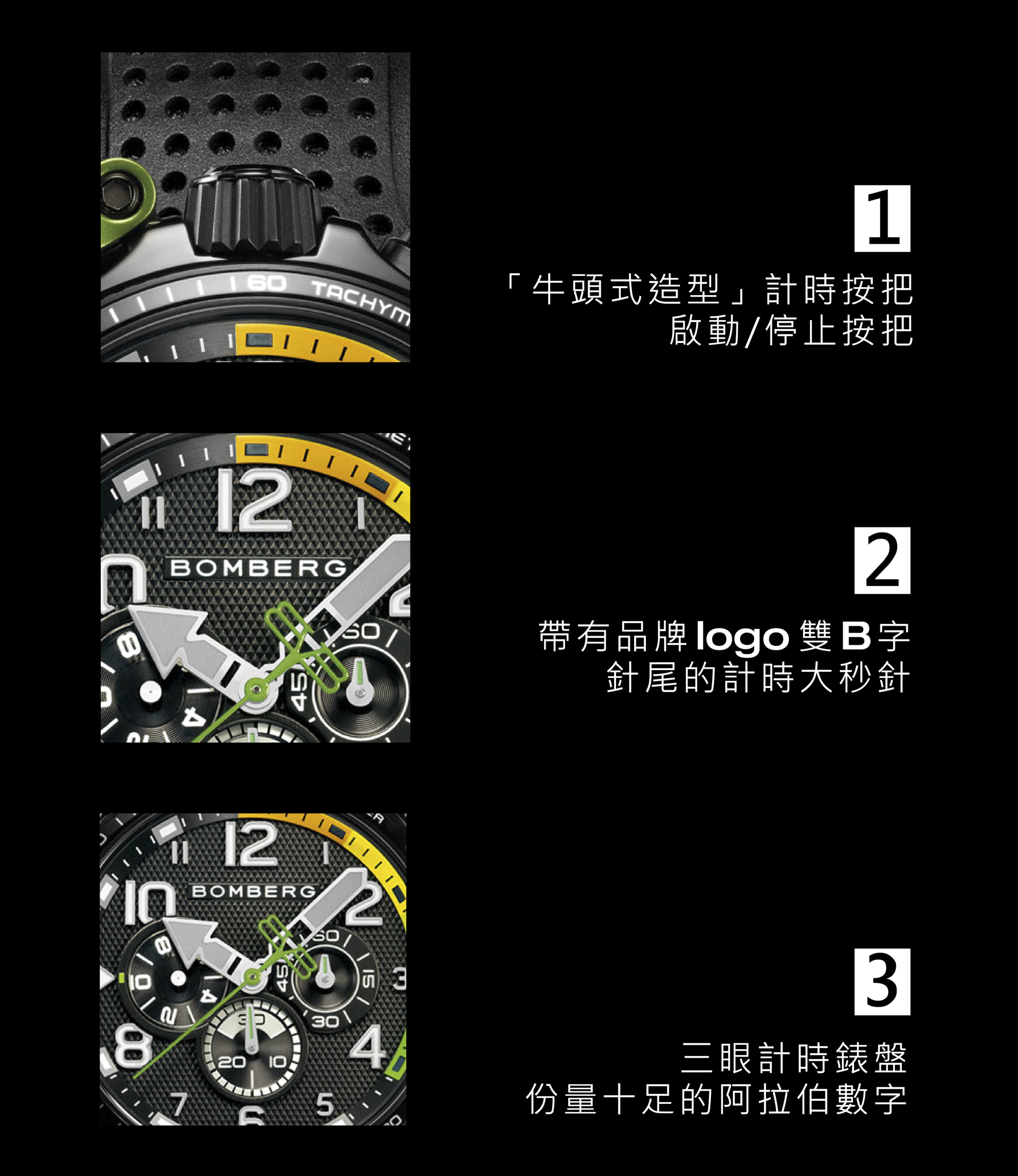 BOMBERG_BOLT-68 Racing_黑綠XL賽車計時碼錶_BS45CHPBA.059-1.10