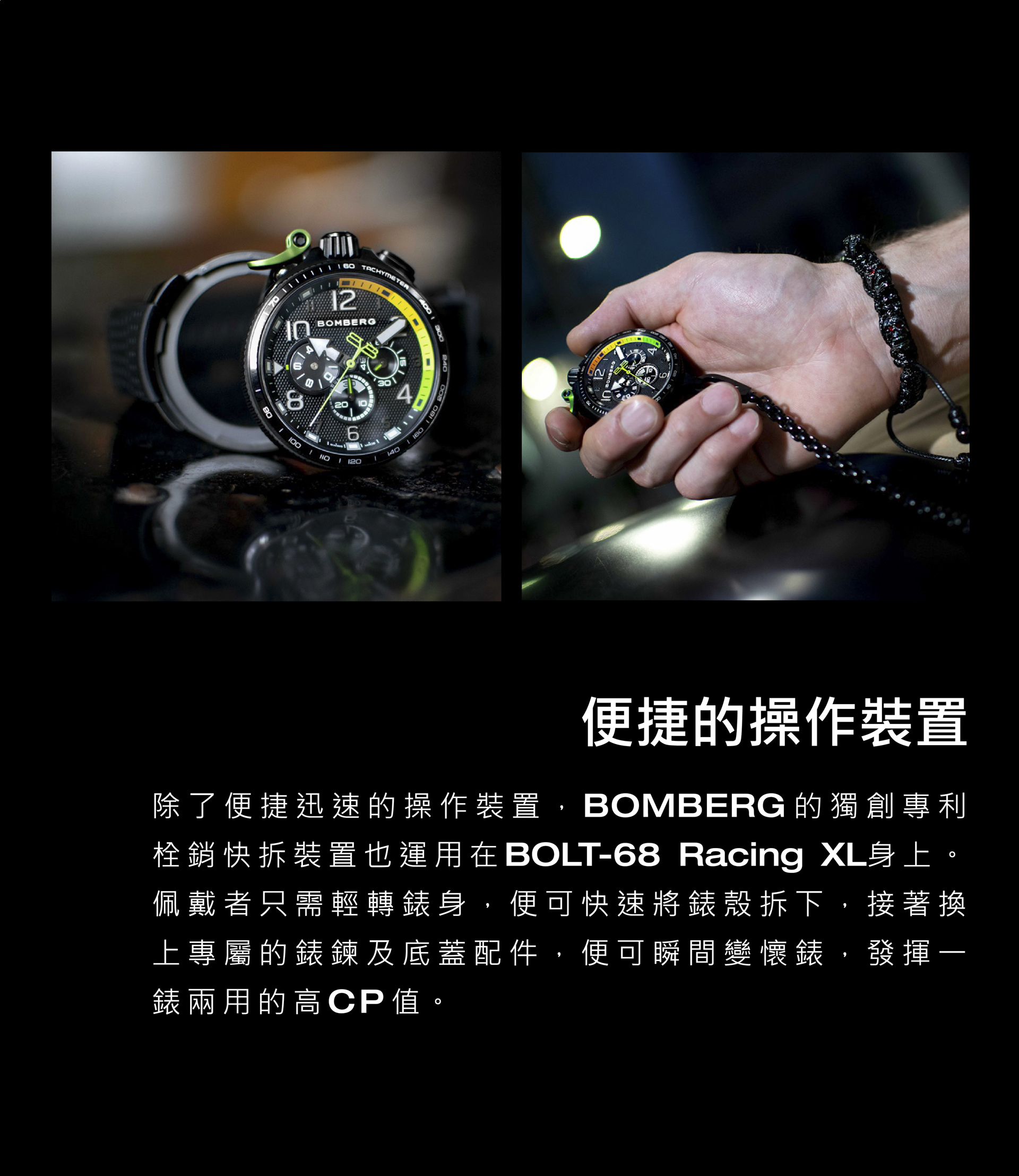BOMBERG_BOLT-68 Racing_黑綠XL賽車計時碼錶_BS45CHPBA.059-1.10