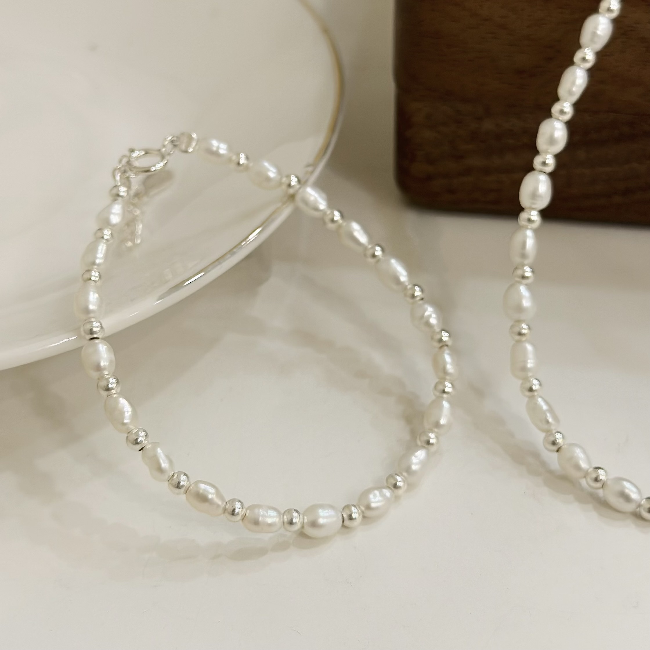 天然米粒珍珠純銀手鍊