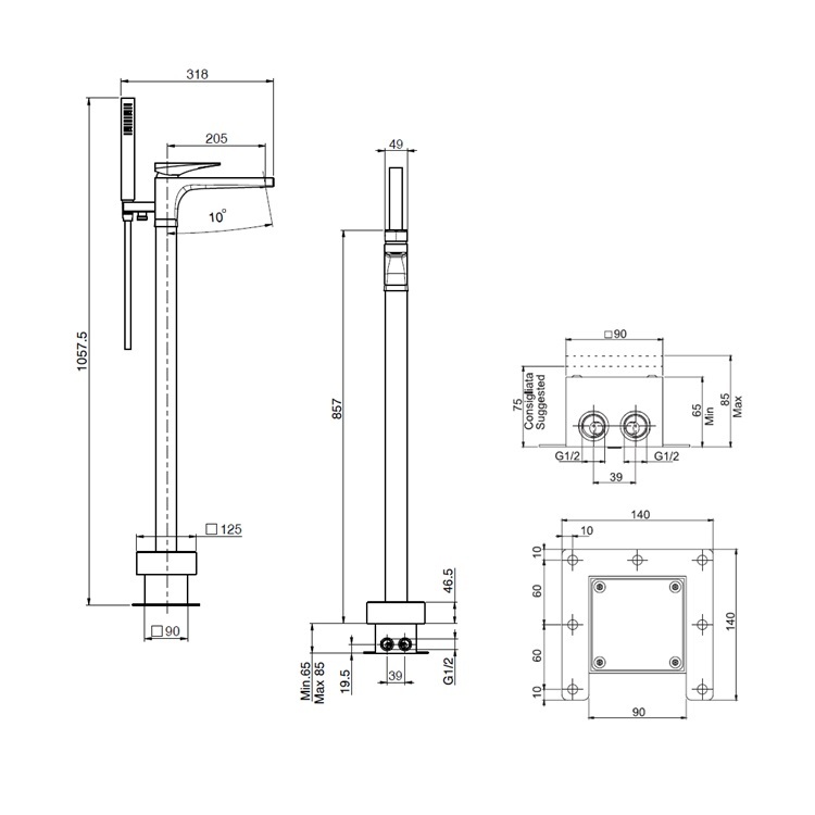 Fima Carlo Frattini "Zeta" F3964/4CR + F2301 Floorstanding Bath Mixer w/ Hand Shower