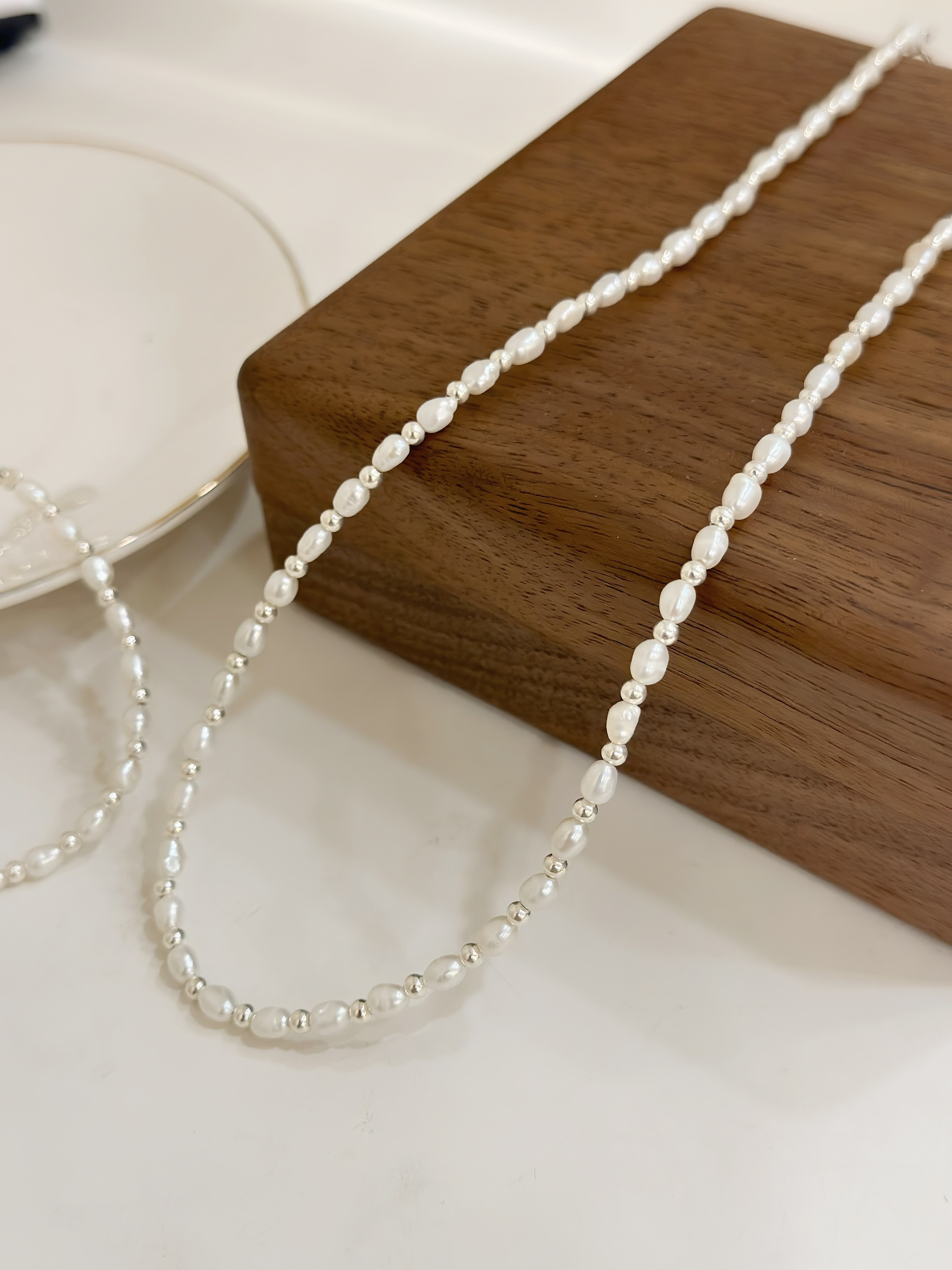 天然米粒珍珠純銀項鍊