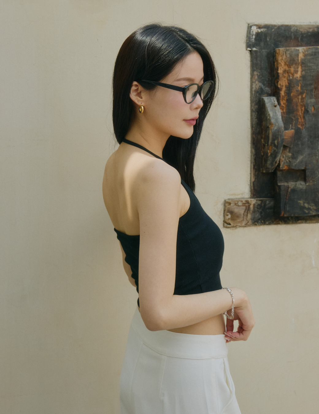 繞脖坑條Bra Top短版背心（黑色/3尺寸）