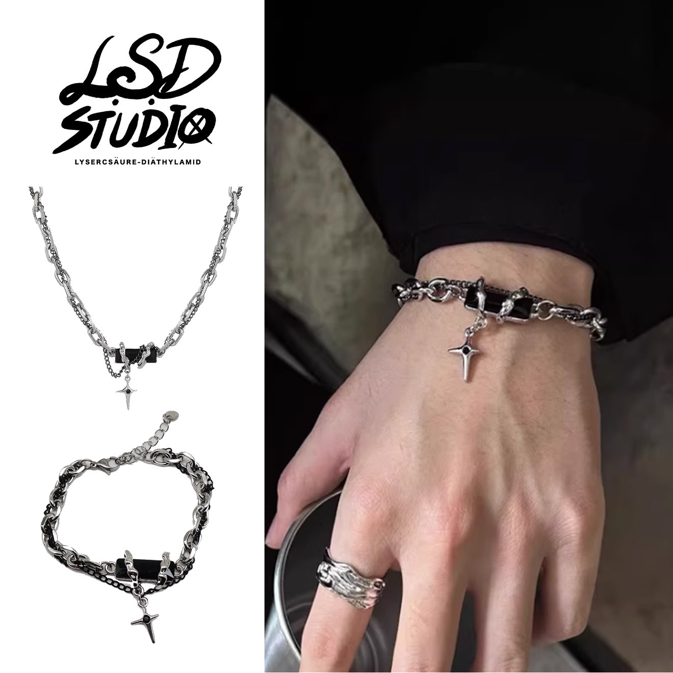 【ACBC103】暮影雙鍊纏繞黑石設計項鍊/手鍊