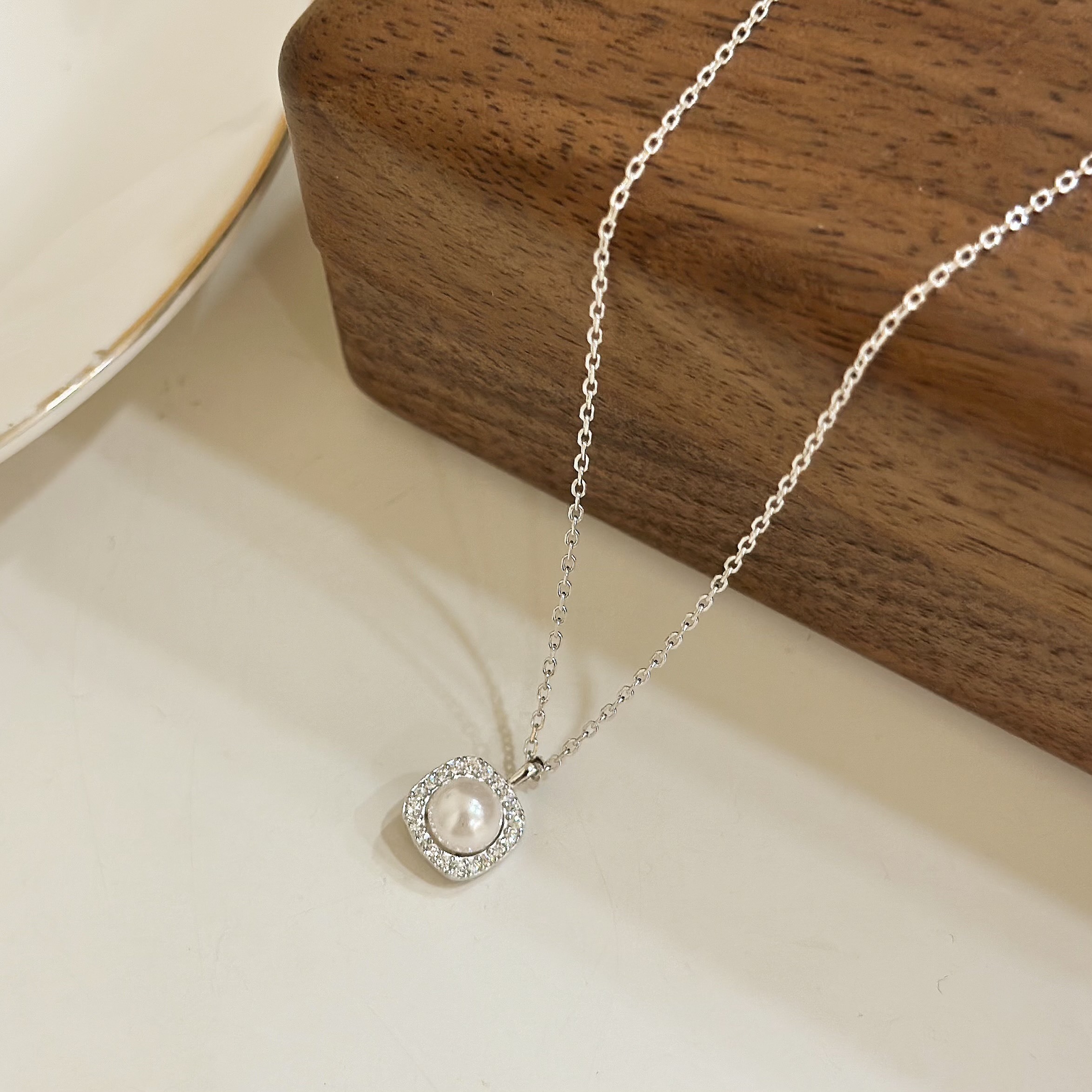 K12【輕奢】排鑽方邊5mm珍珠純銀鎖骨鏈