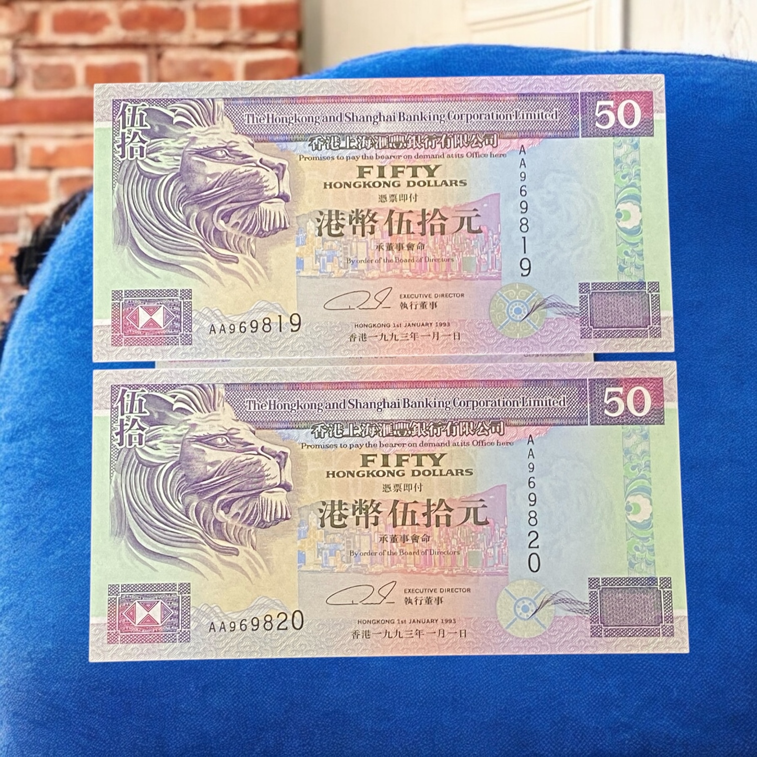 1993 HSBC $50 Banknotes (UNC Condition) 2 Sheets AA 969819-20