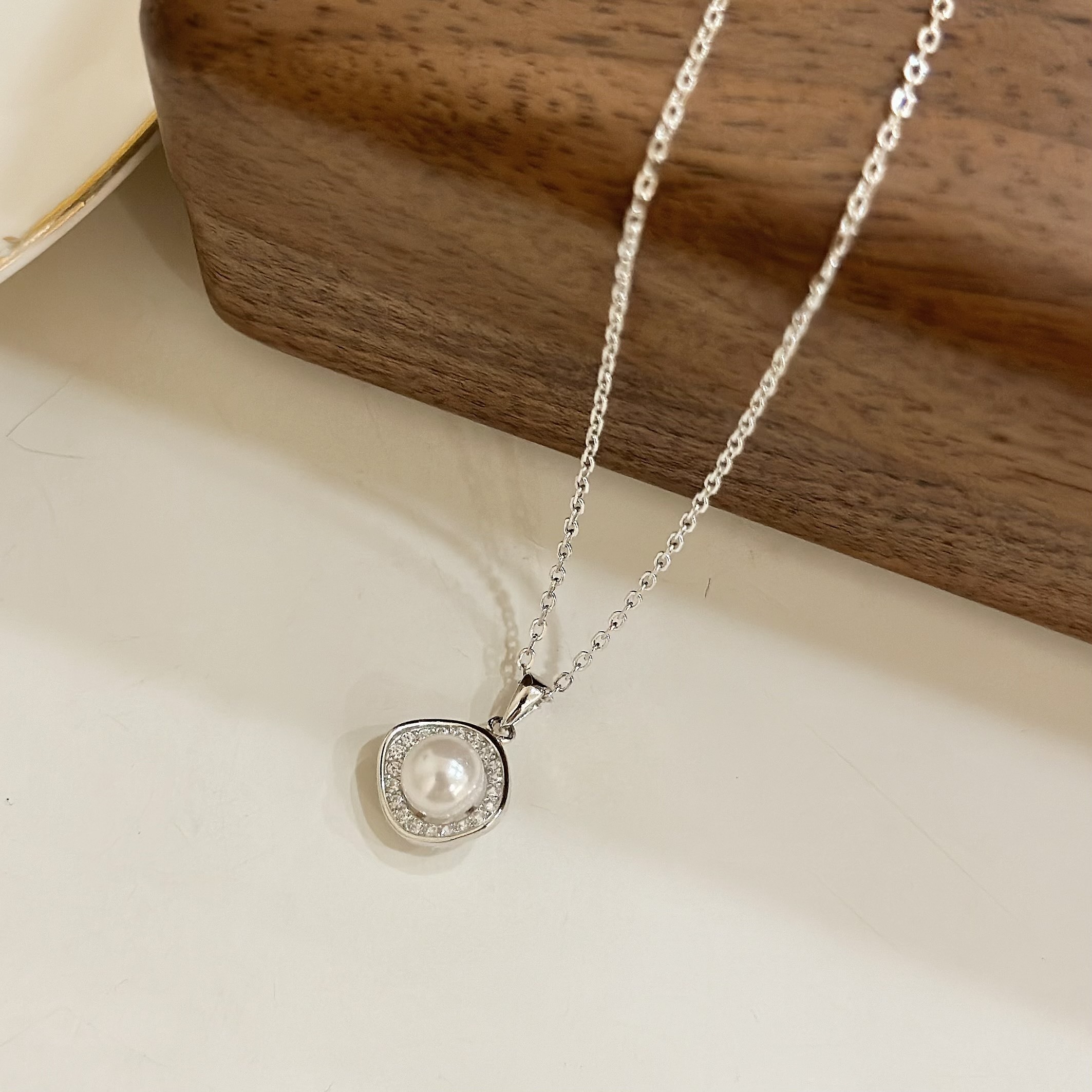 K36【輕奢】排鑽波浪邊5mm珍珠純銀鎖骨鏈