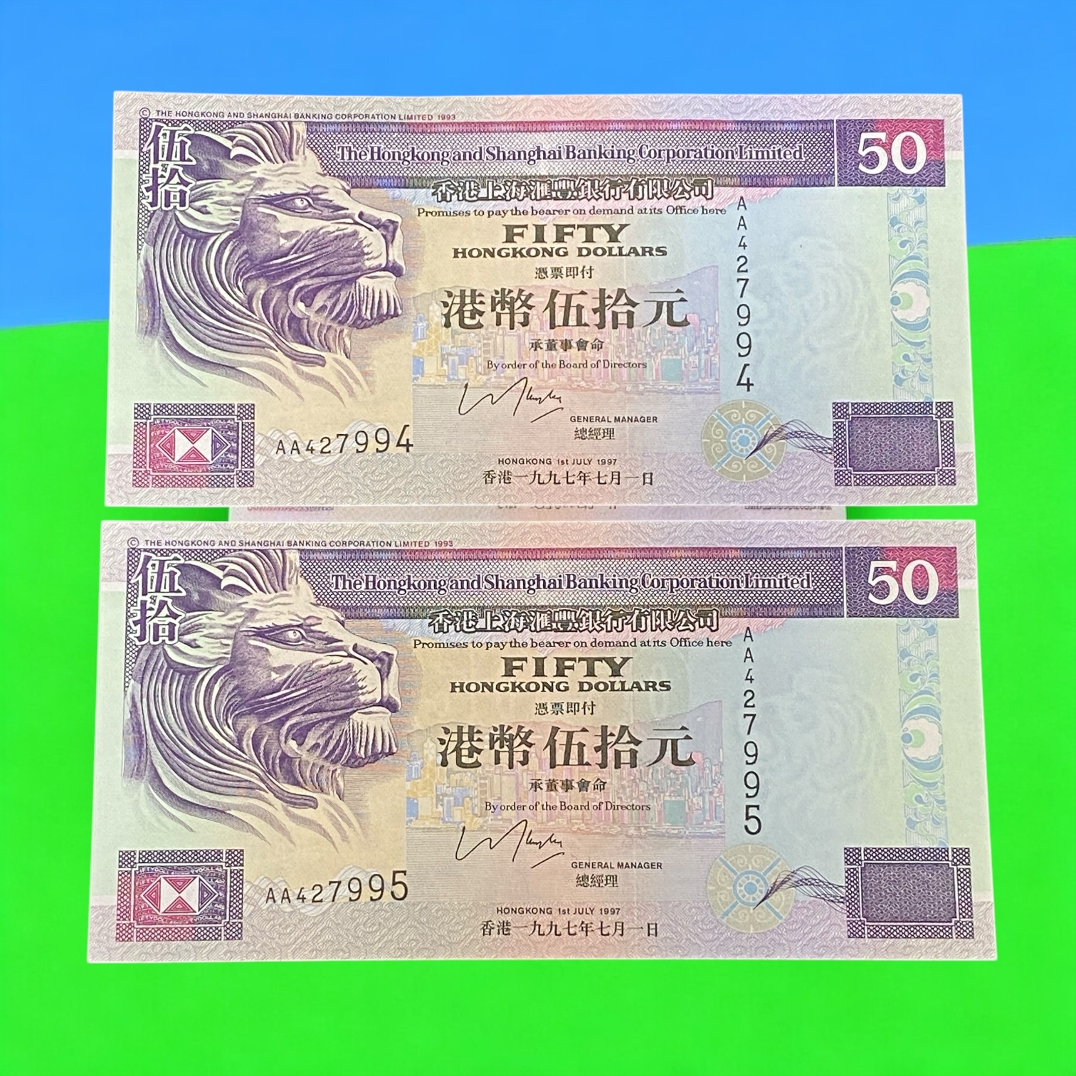 1997 HSBC $50 Banknotes (UNC Condition) 2 Sheets AA427994-995