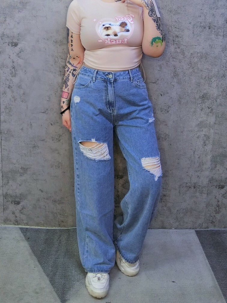 直直腿破破寬褲