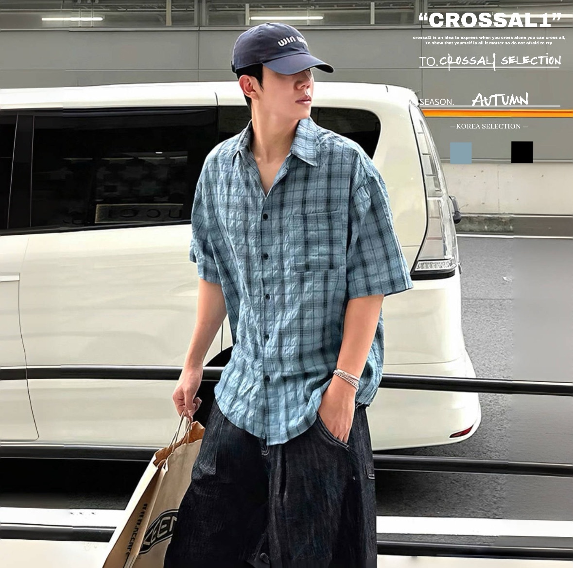 慵懶風復古格子短袖襯衫