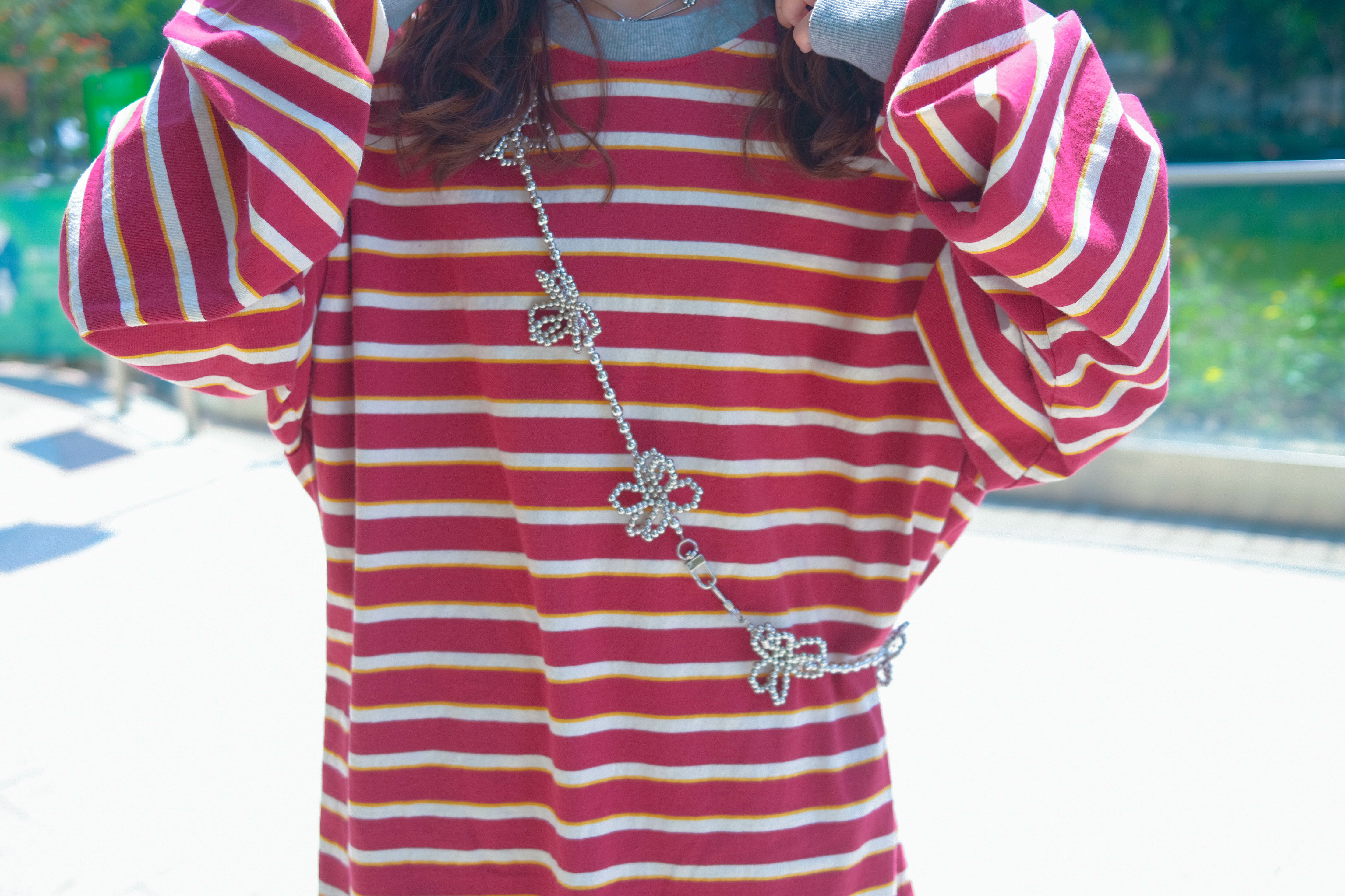 紅色間條長袖tee