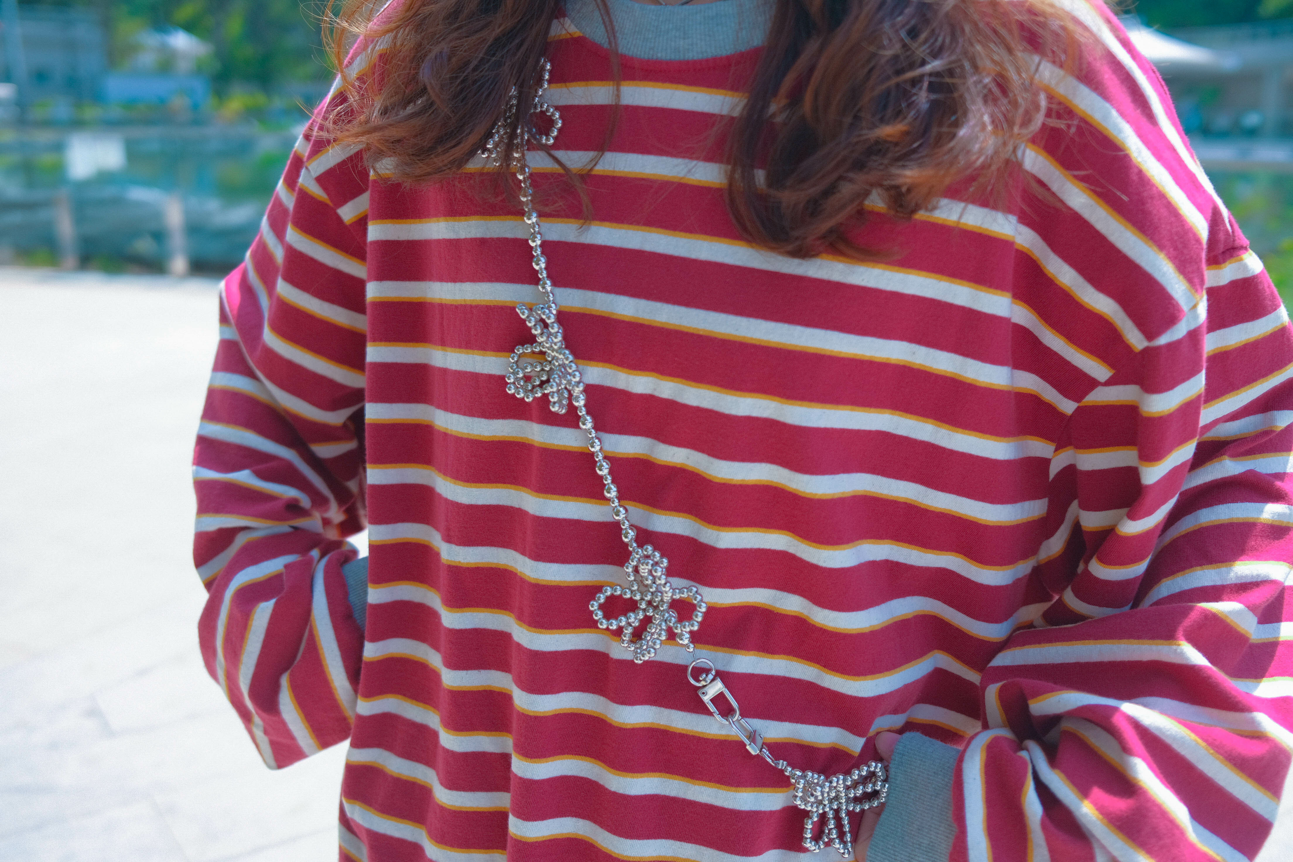 紅色間條長袖tee