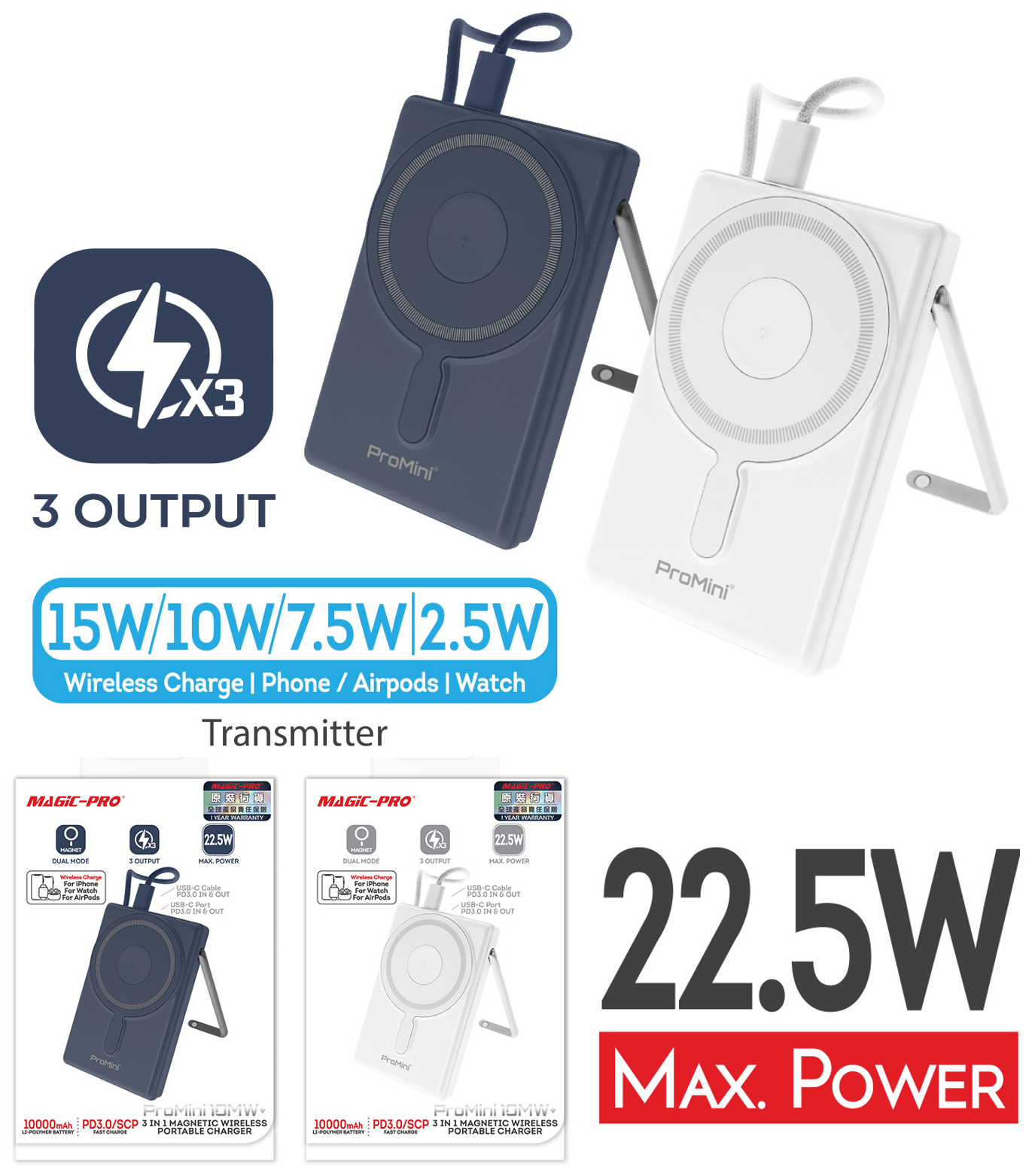 ProMini 10MW+ 10000mAh Magnetic 3-in-1 Wireless Portable Charger