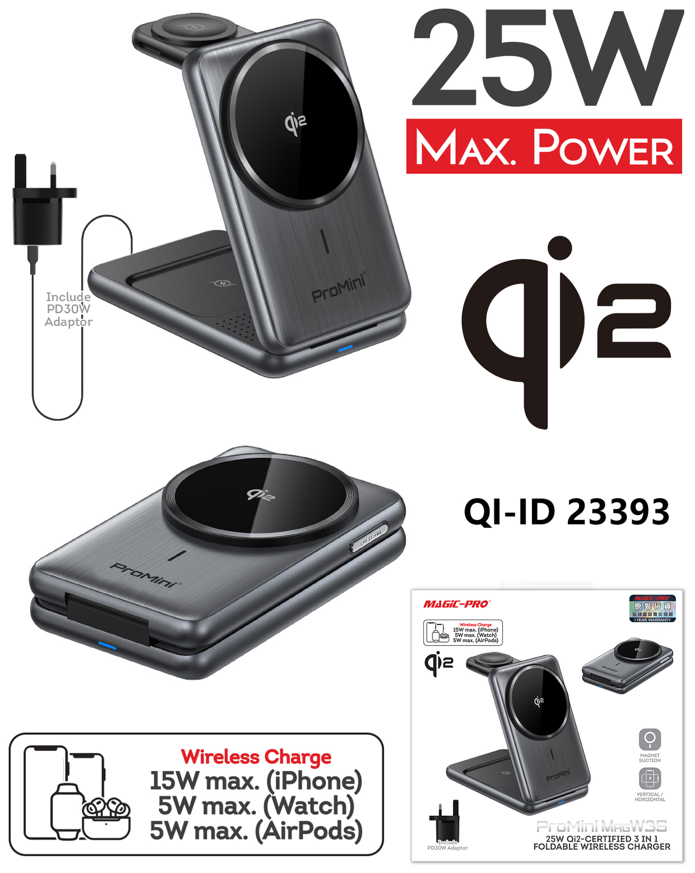 ProMini MagW3S  25W Qi2-certified 3 in 1 Foldable Wireless Charger with power adaptor