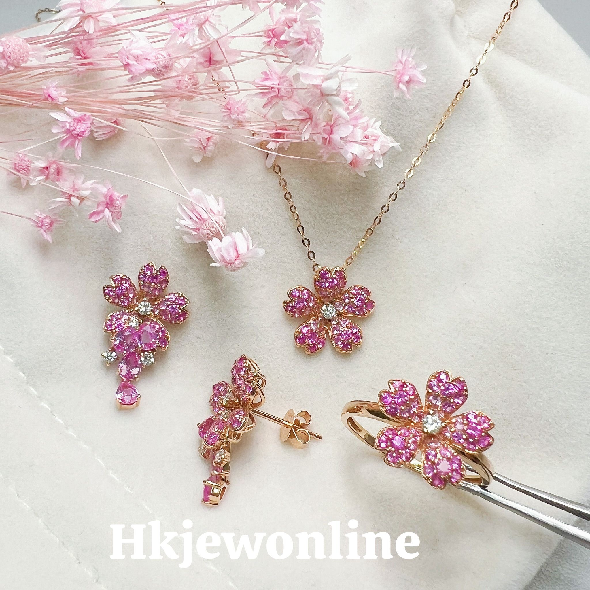 🌸 18K Rose Gold Sakura Pink Sapphire Daimond Earrings