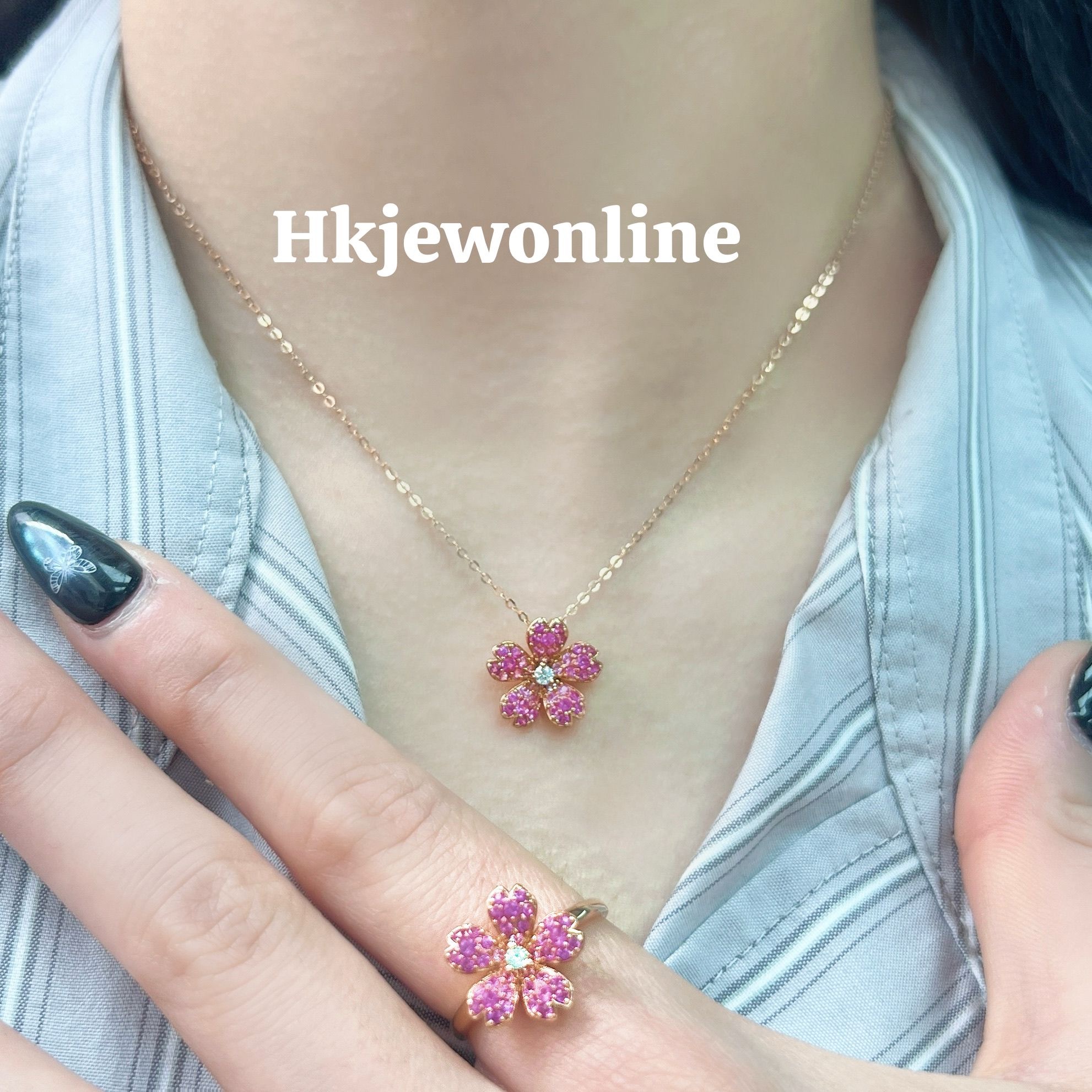 🌸 18K Rose Gold Sakura Pink Sapphire Diamond Ring / Pendant ( Chain Included )