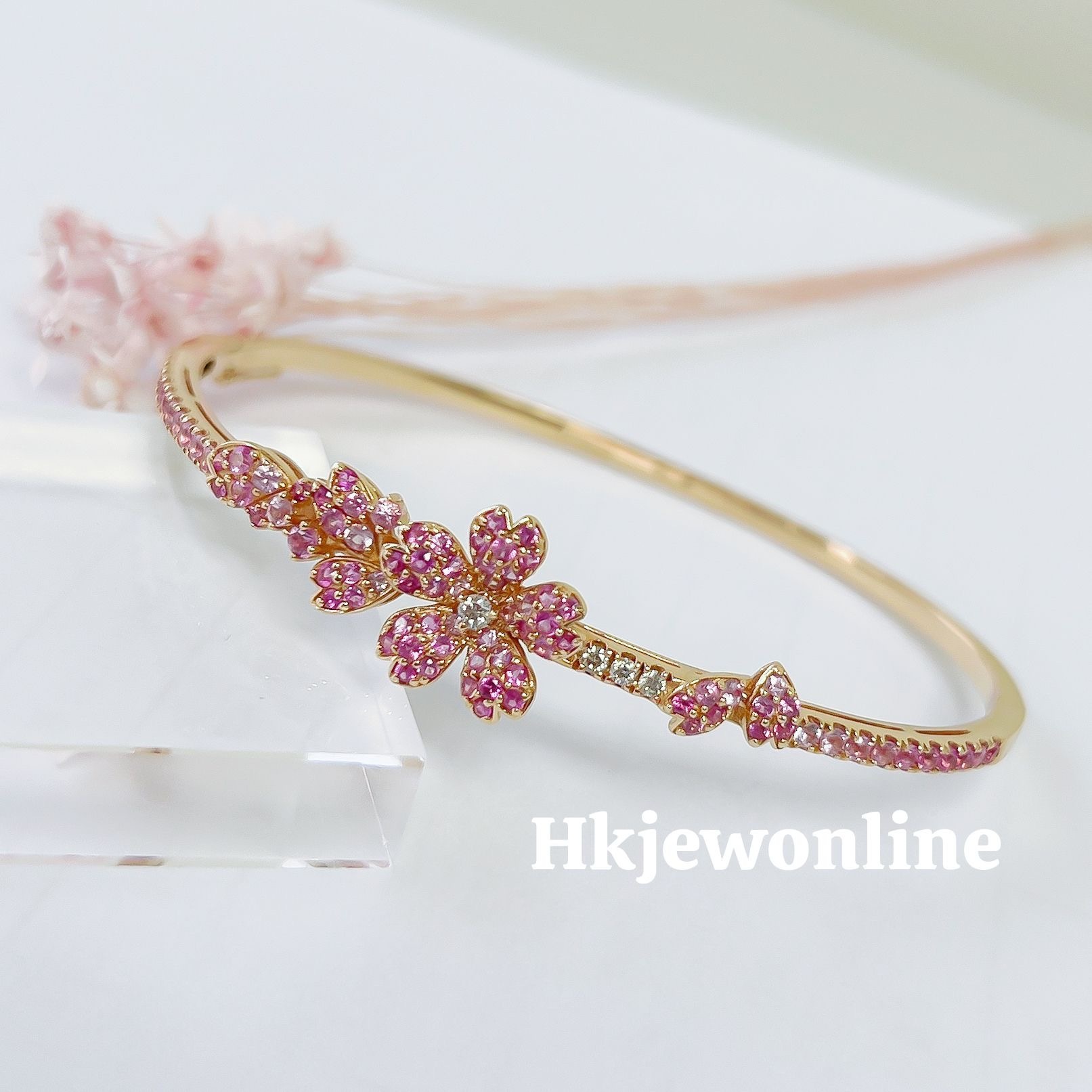 🌸 18K Rose Gold Sakura Pink Sapphire Diamond Bangle