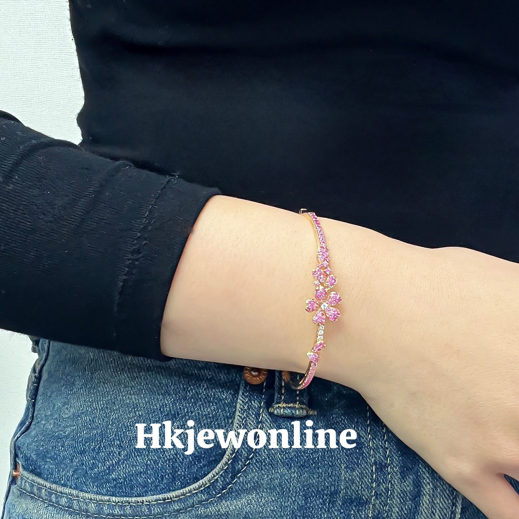 🌸 18K Rose Gold Sakura Pink Sapphire Diamond Bangle