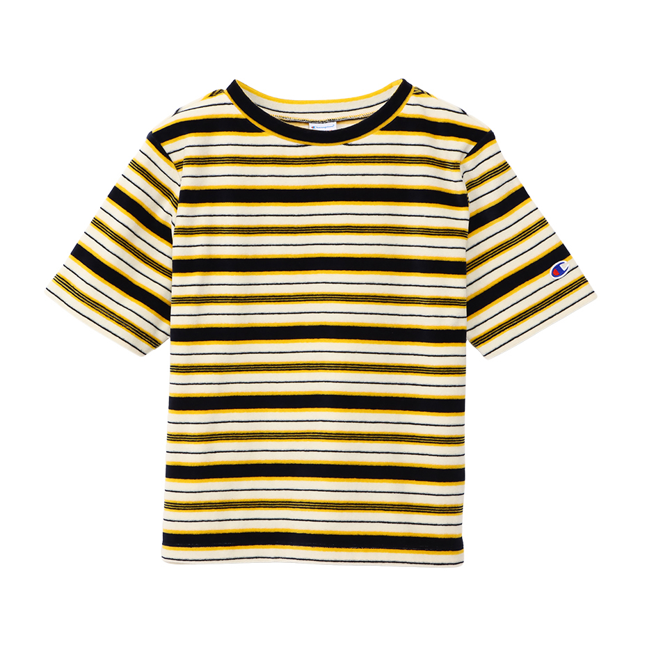 女款-CASUAL復古橫條紋絲絨 短袖T恤-米x深藍（CW-B305-392）