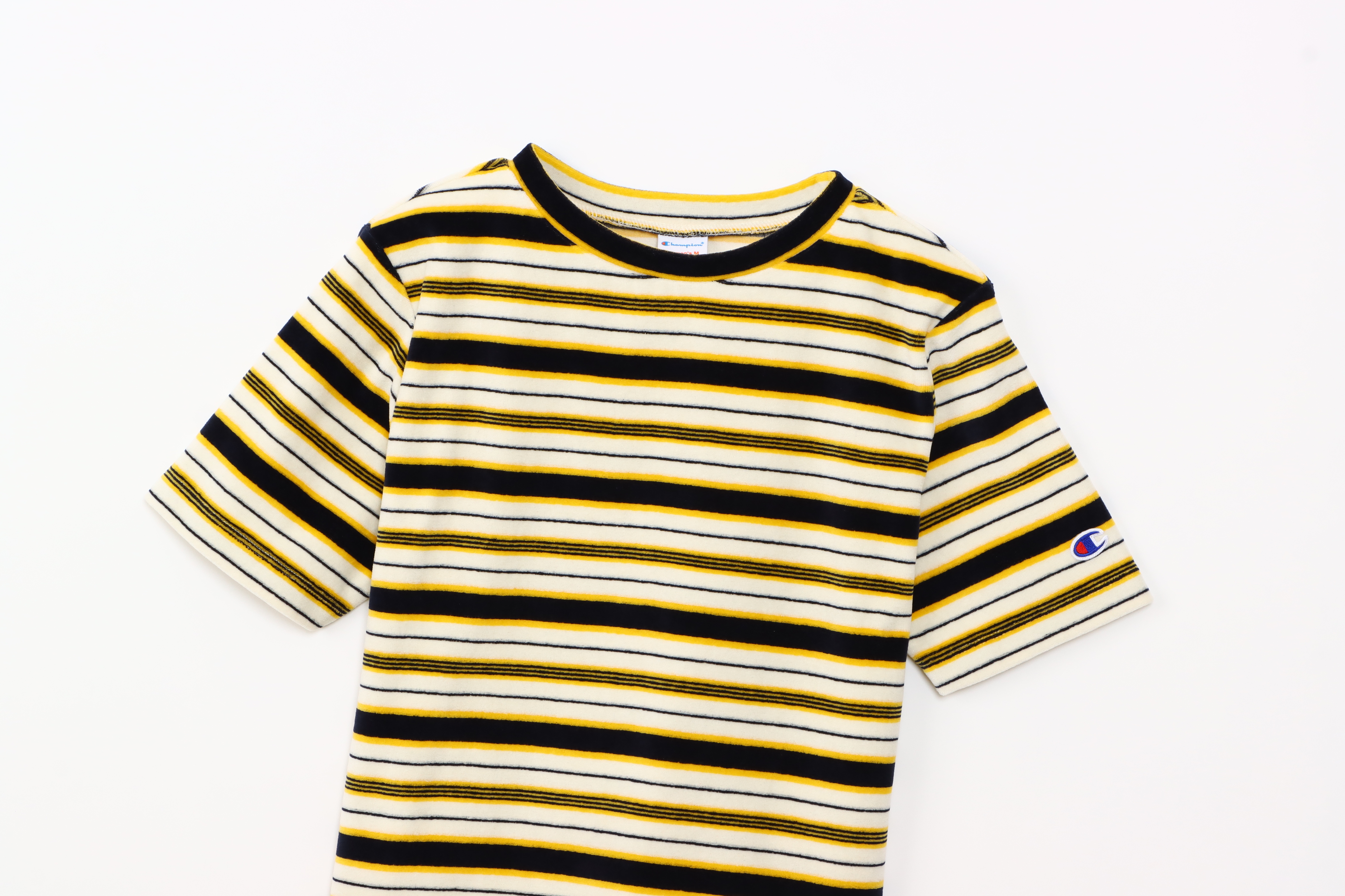 女款-CASUAL復古橫條紋絲絨 短袖T恤-米x深藍（CW-B305-392）