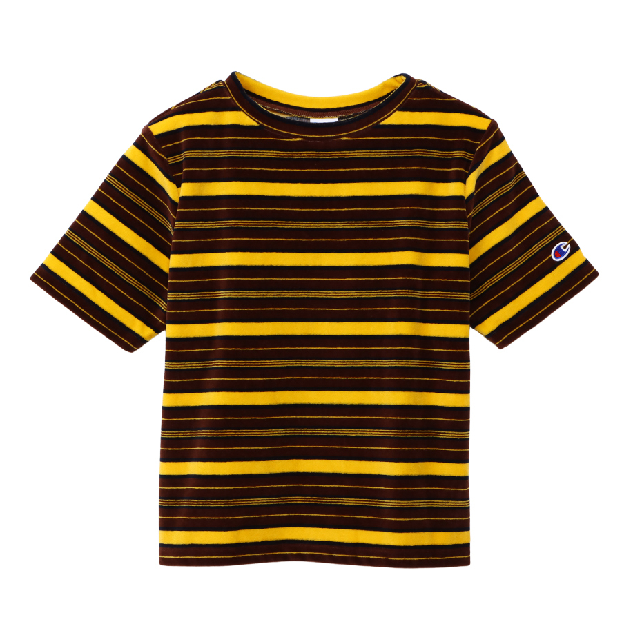 女款-CASUAL復古橫條紋絲絨短袖T恤-棕x黃（CW-B305-861）