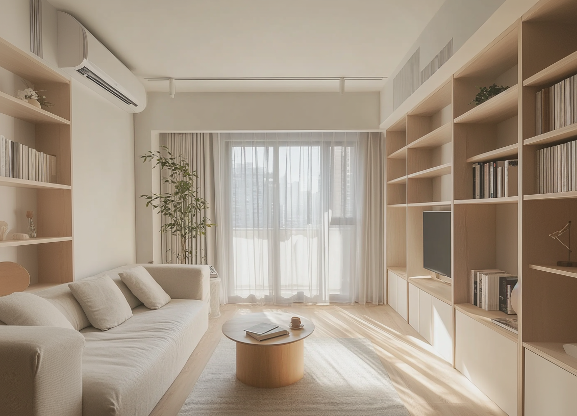 一個採光良好的小公寓套房，擁有完善的層櫃設計，巧妙利用收納空間