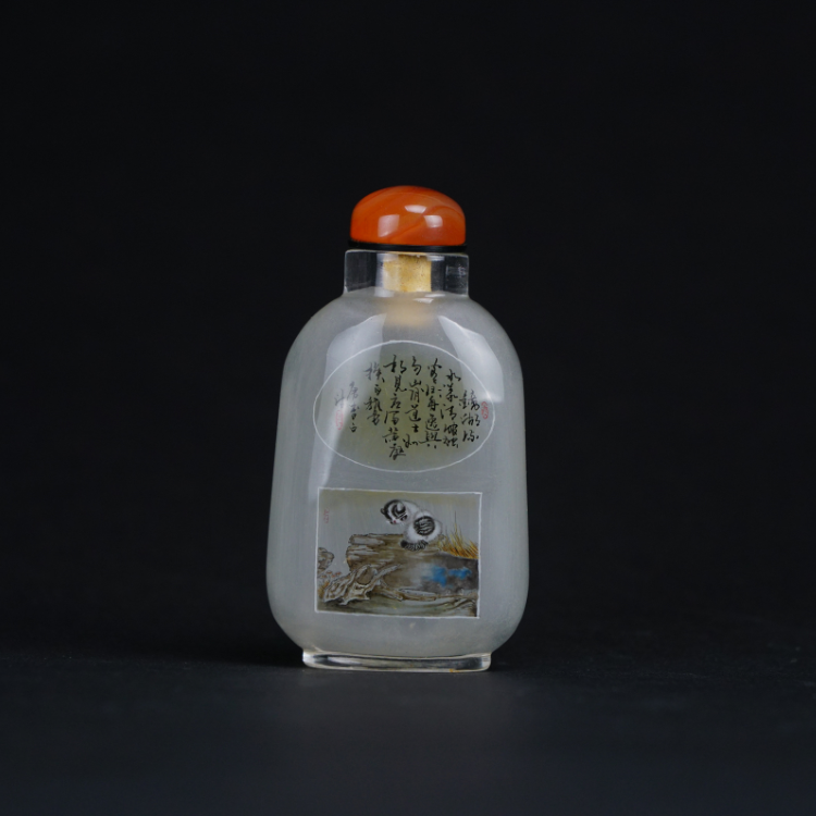 鹿港窯典藏級內畫工藝|雙貓鼻煙壺 靈動貓影與書法藝術交織雅趣