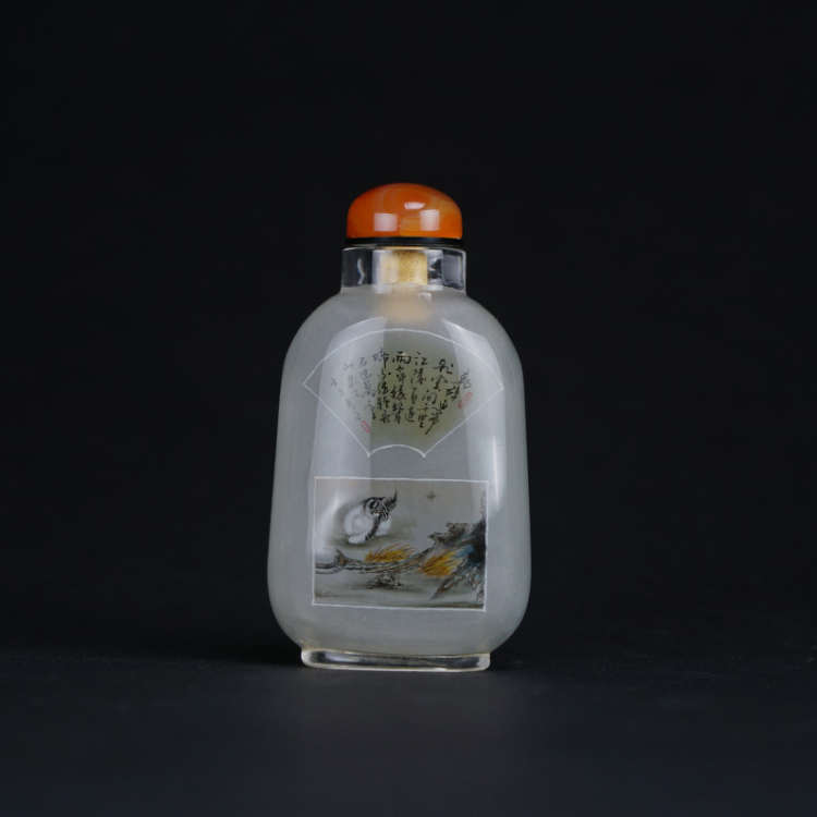 鹿港窯典藏級內畫工藝｜雙貓鼻煙壺 靈動貓影與書法藝術交織雅趣