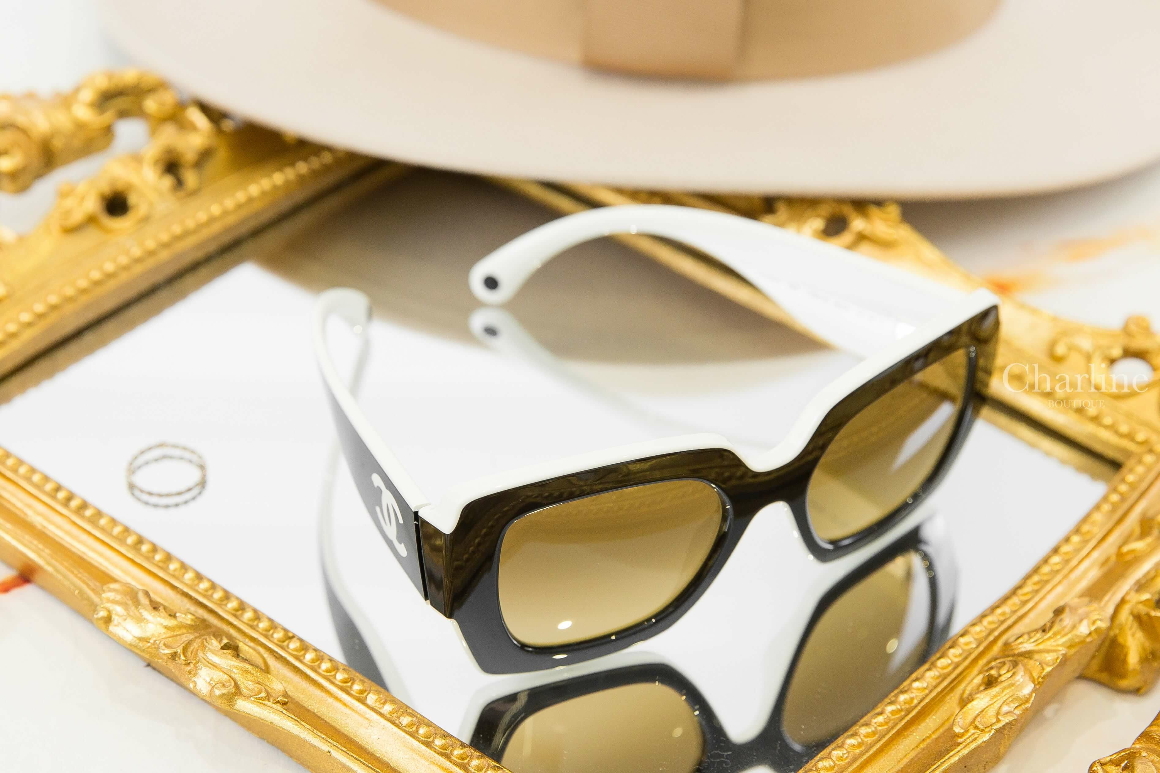 Chanel Square Sunglasses 黑白拼色方框側邊白CC咖啡色鏡片太陽眼鏡-Charline Boutique 精品代購
