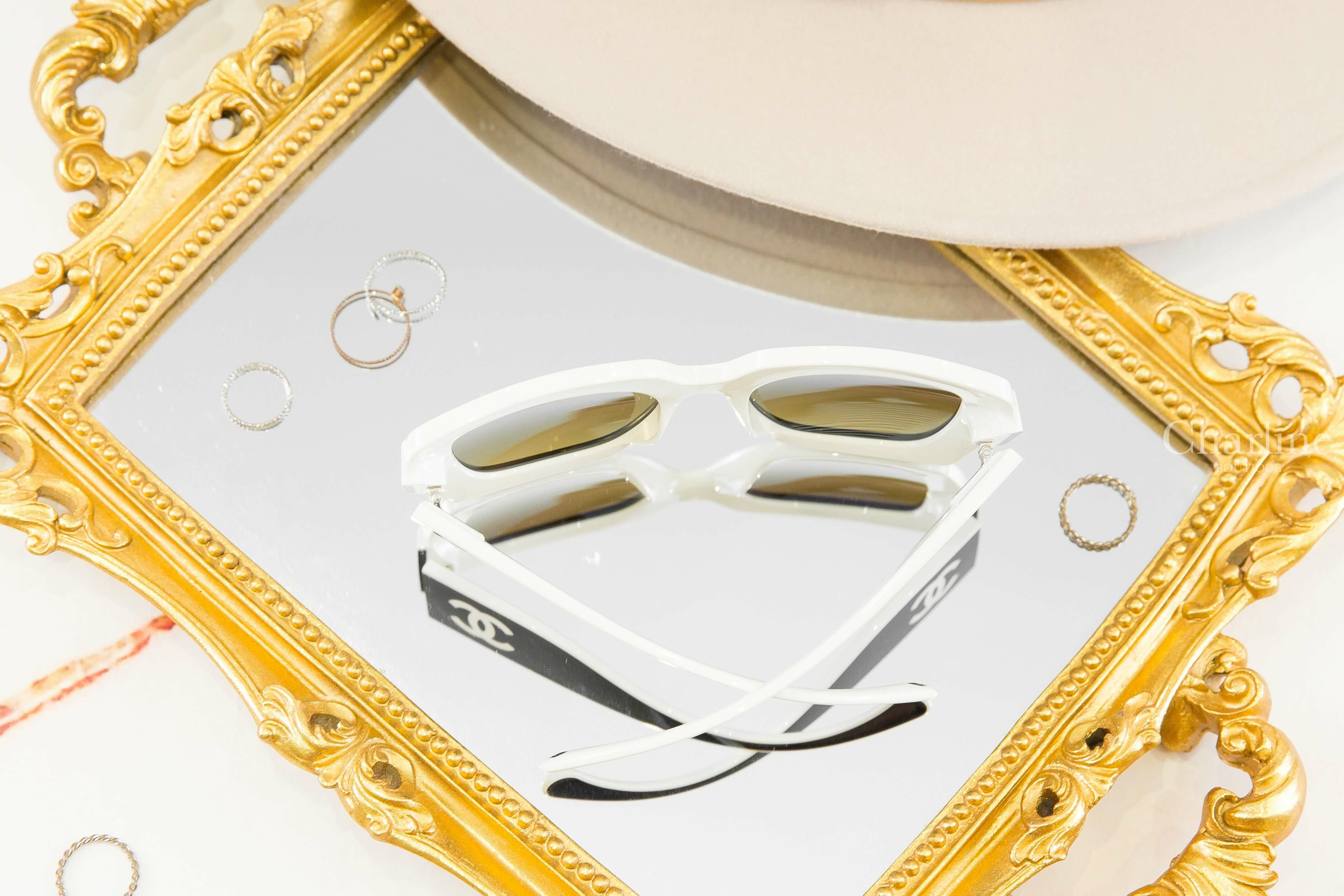 Chanel Square Sunglasses 黑白拼色方框側邊白CC咖啡色鏡片太陽眼鏡-Charline Boutique 精品代購