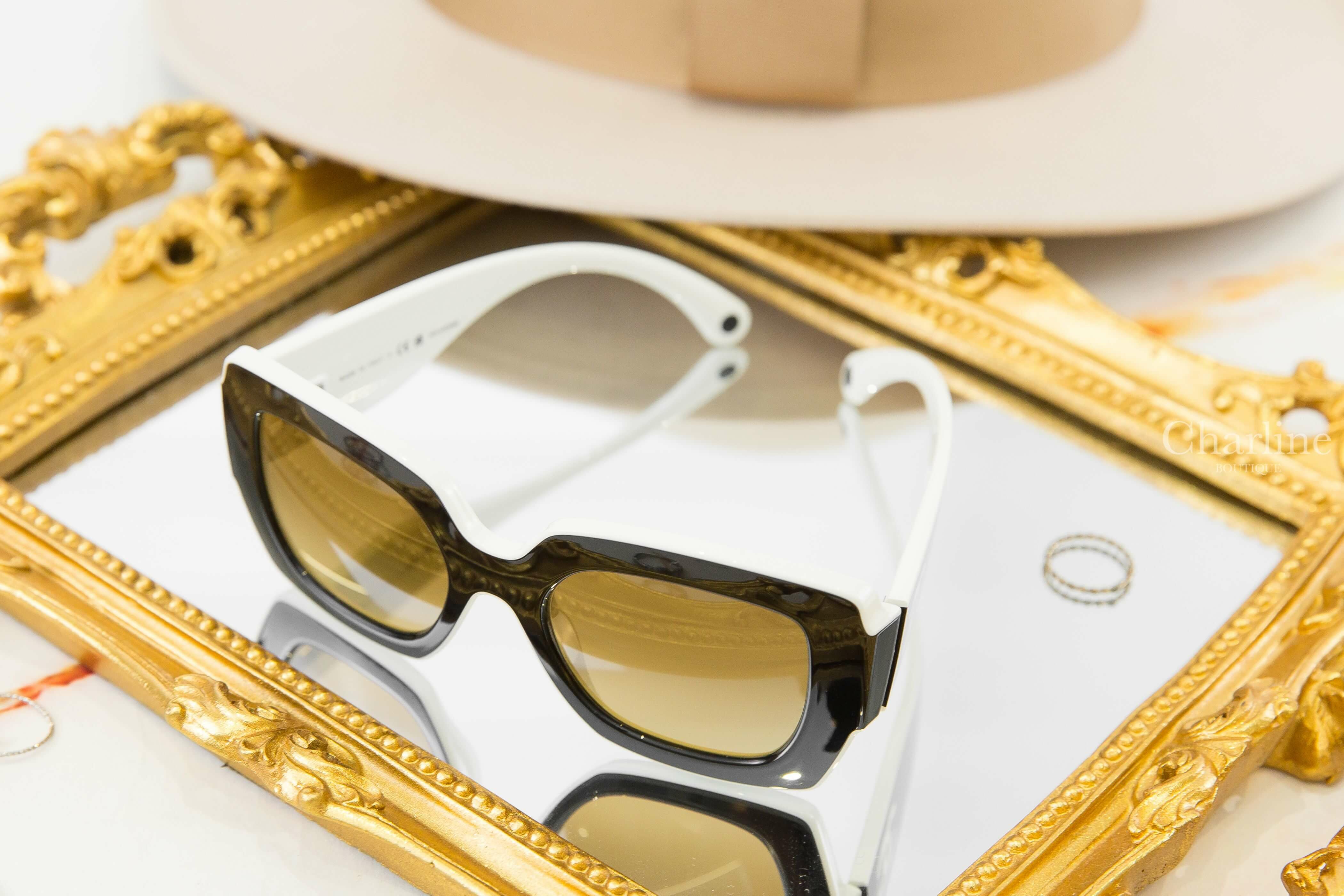 Chanel Square Sunglasses 黑白拼色方框側邊白CC咖啡色鏡片太陽眼鏡-Charline Boutique 精品代購