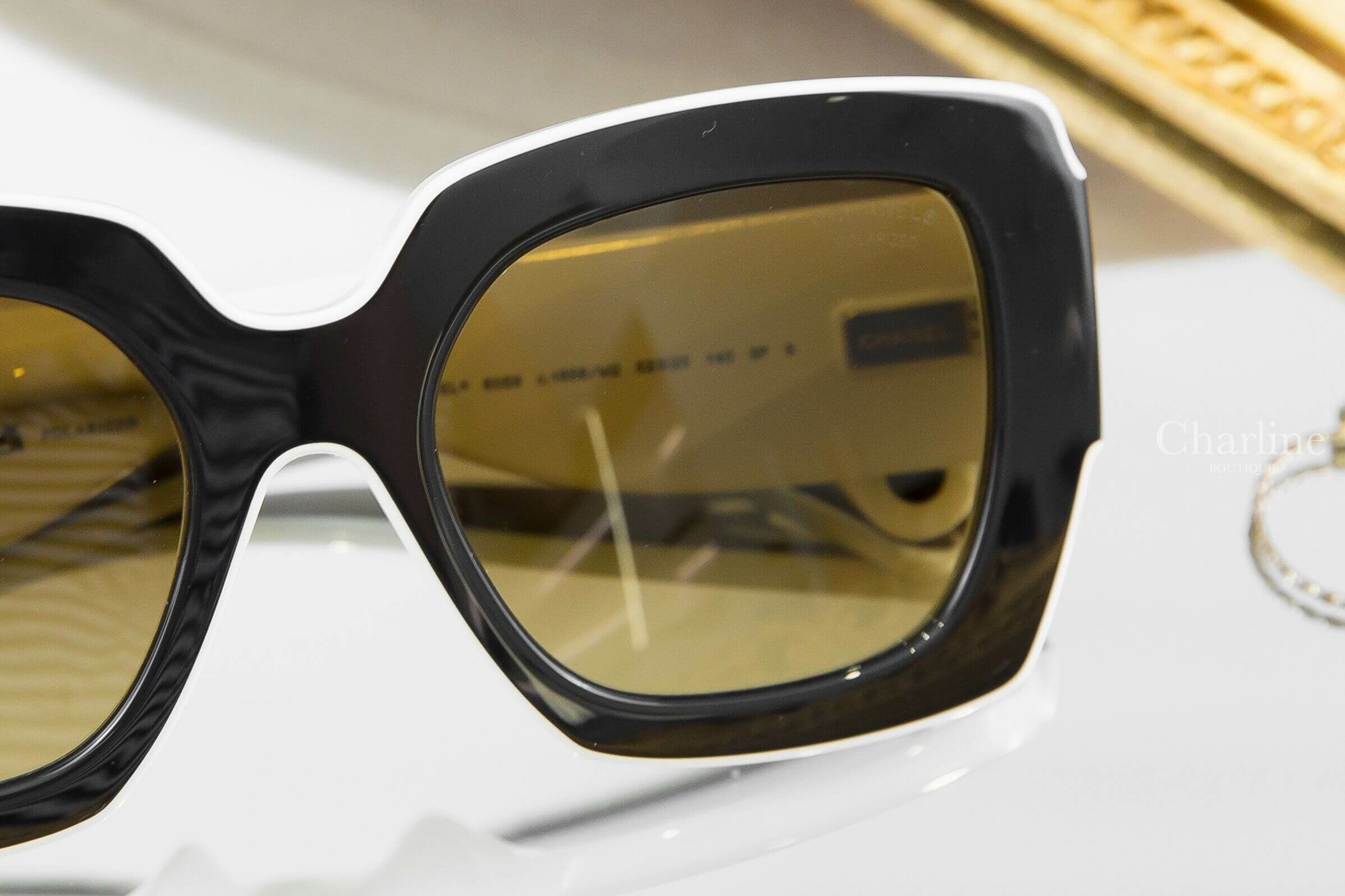 Chanel Square Sunglasses 黑白拼色方框側邊白CC咖啡色鏡片太陽眼鏡