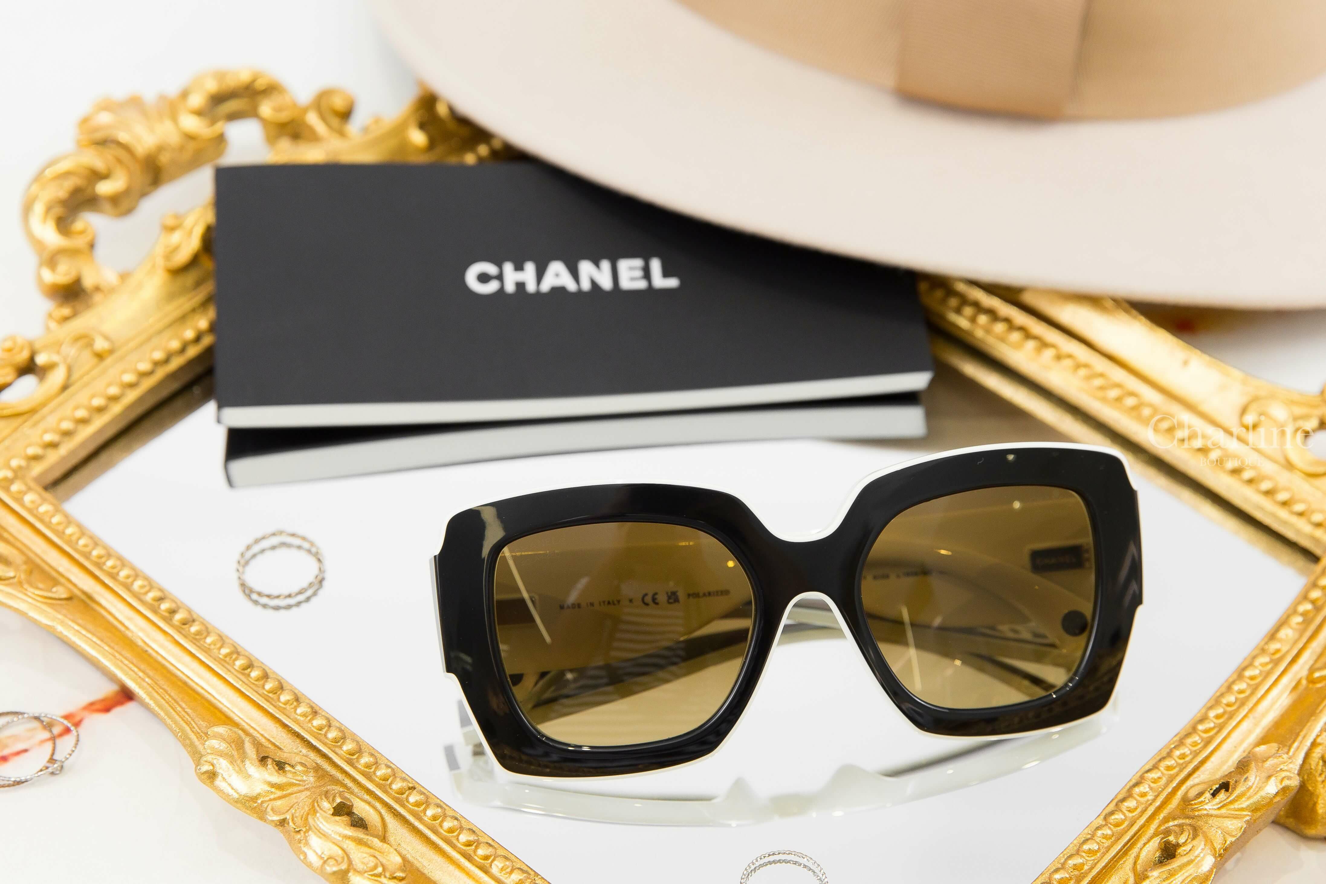 Chanel Square Sunglasses 黑白拼色方框側邊白CC咖啡色鏡片太陽眼鏡