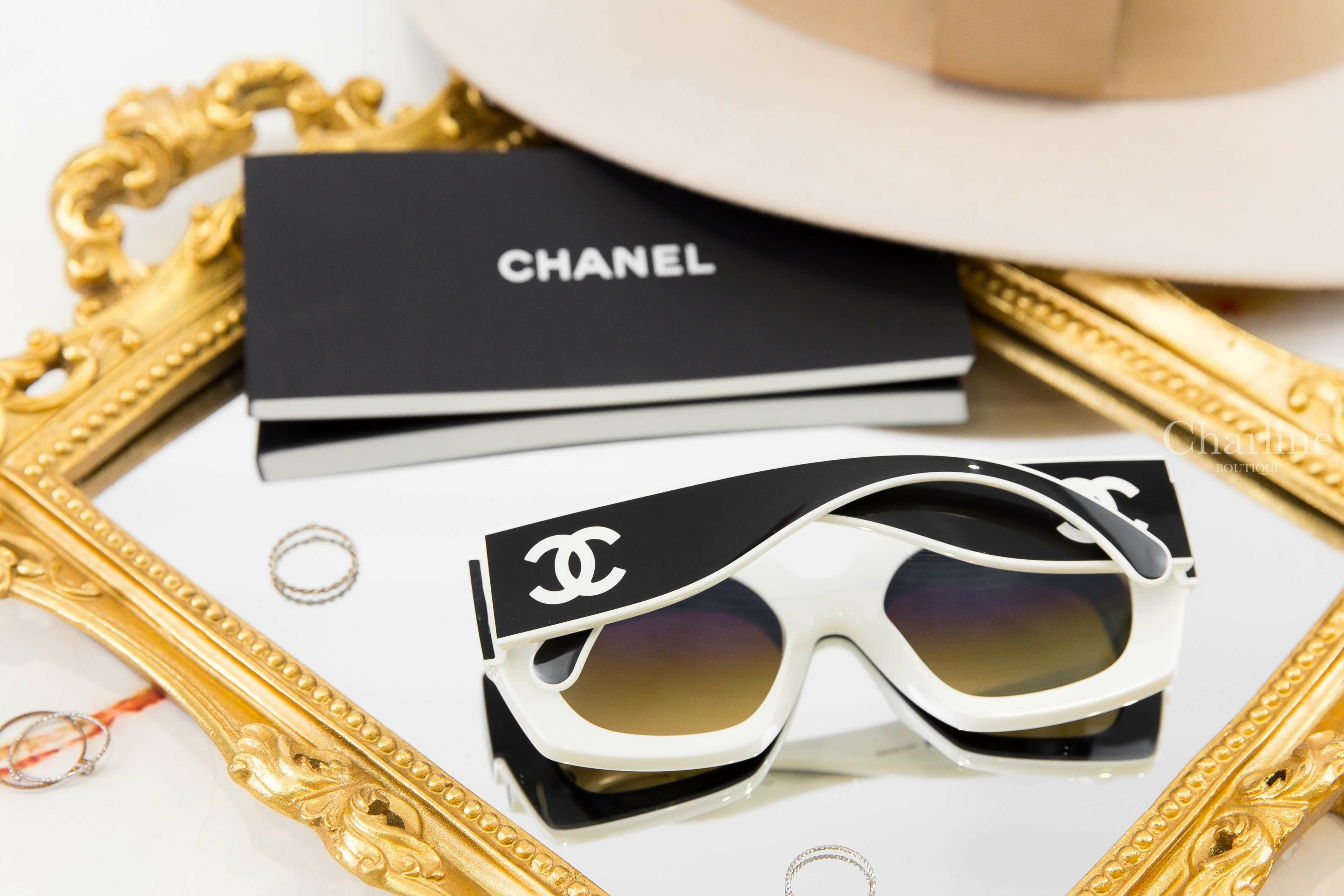 Chanel Square Sunglasses 黑白拼色方框側邊白CC咖啡色鏡片太陽眼鏡-Charline Boutique 精品代購
