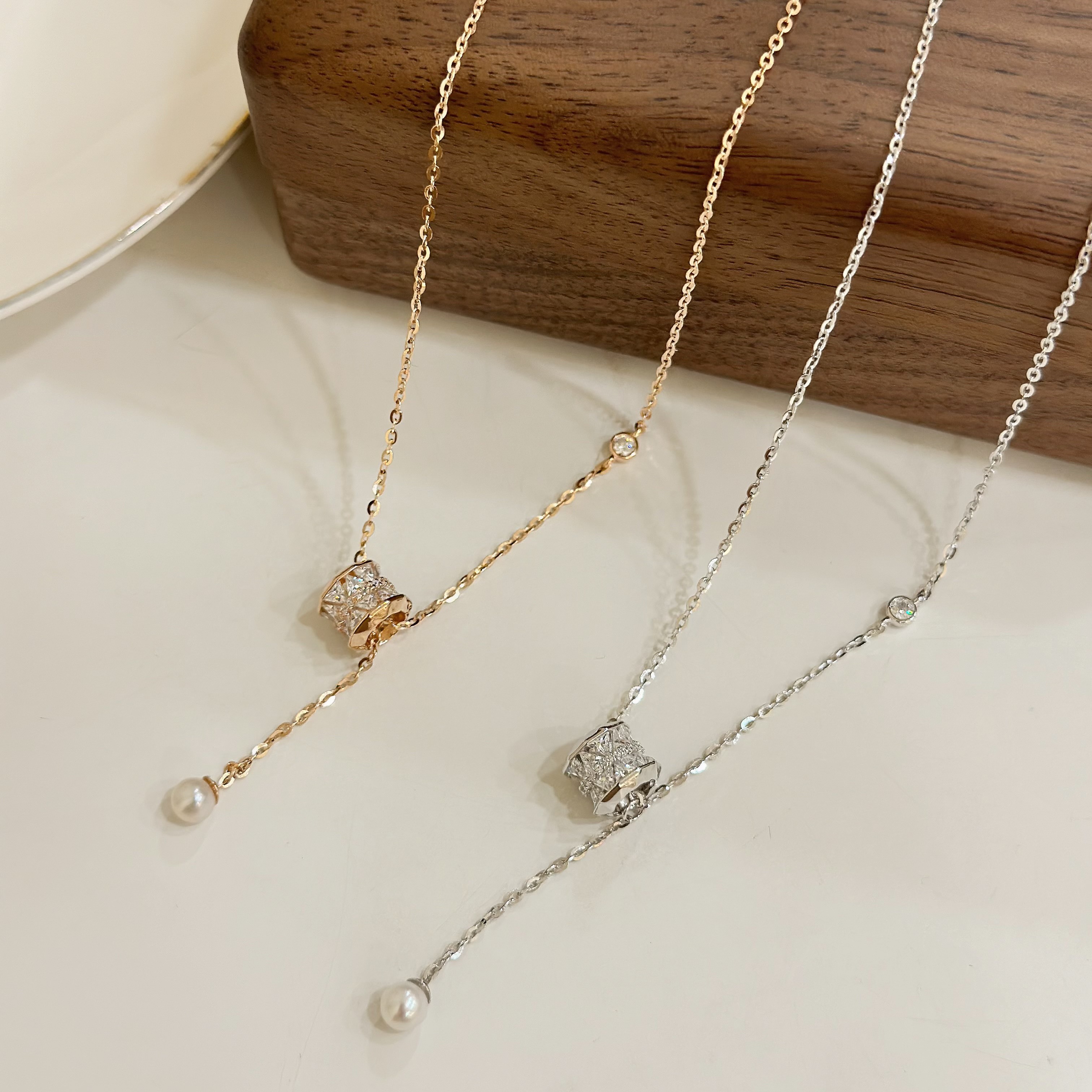 K38【輕奢】鋯石圓環4mm淡水珍珠純銀Y字鏈