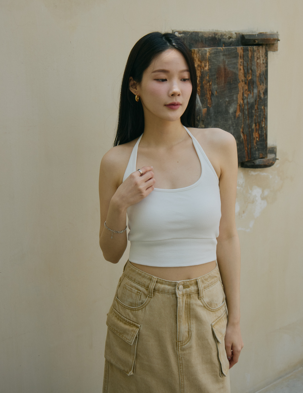 繞脖坑條Bra Top短版背心（白色/3尺寸）